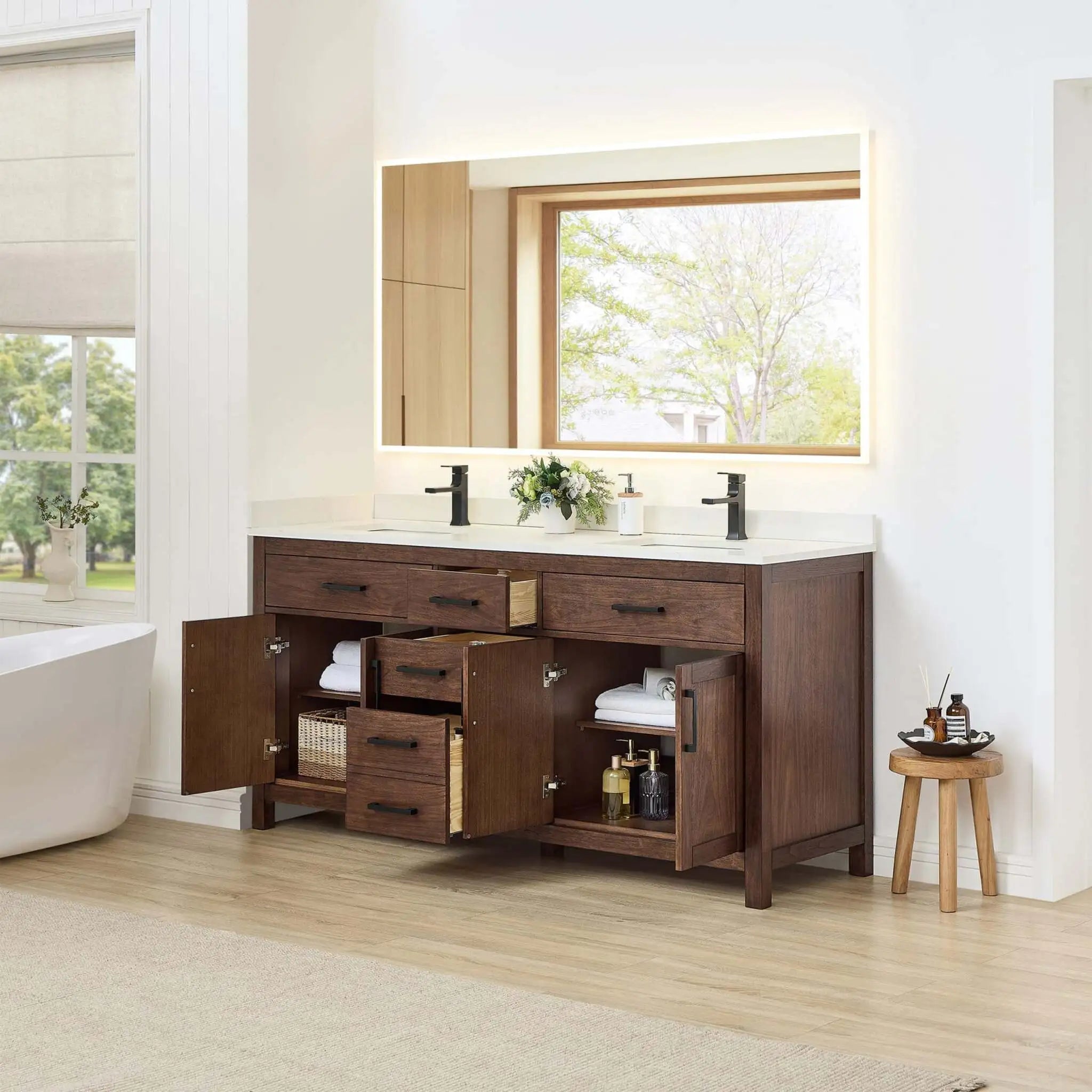 72" Beckett Double Bathroom Vanity in Dark Walnut with Matte Black Trim by Wyndham