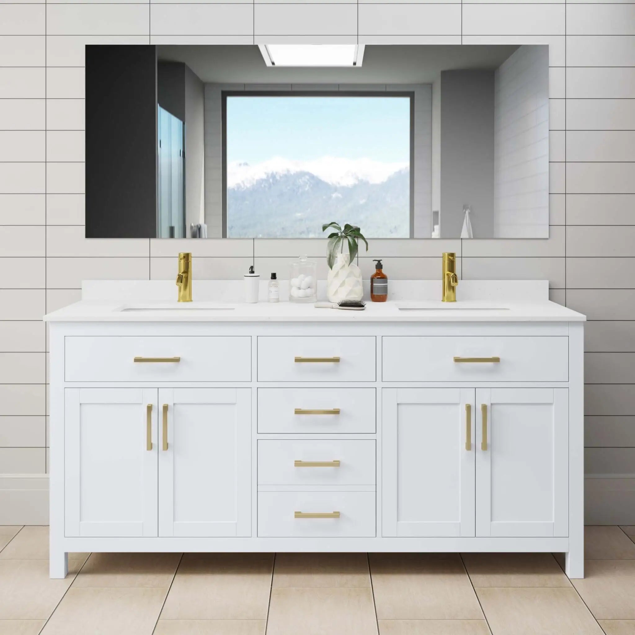 72" Beckett Double Bathroom Vanity in White with Brushed Gold Trim by Wyndham