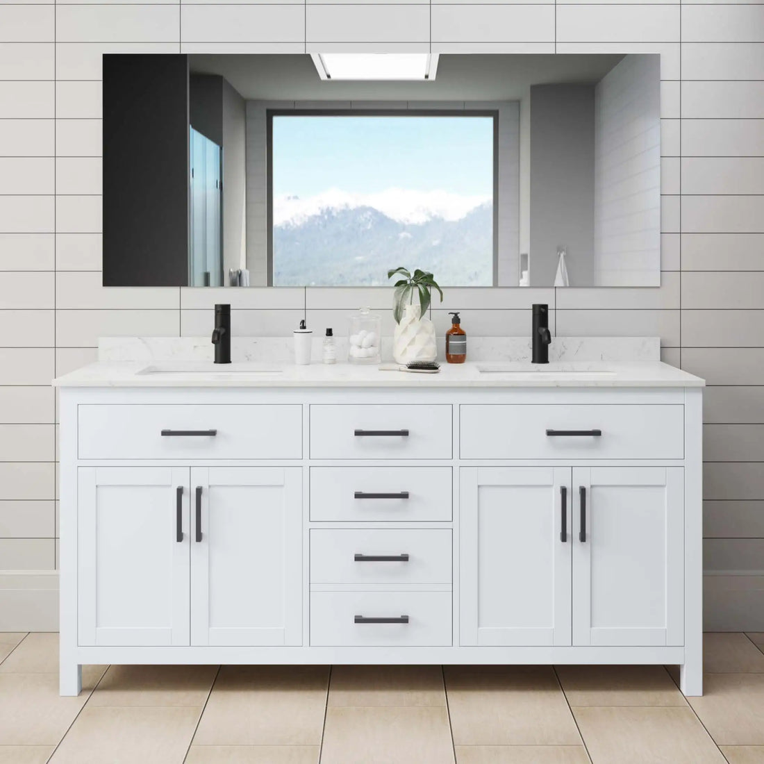 72" Beckett Double Bathroom Vanity in White with Matte Black Trim by Wyndham