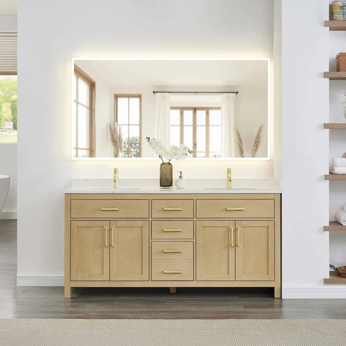 72" Beckett Double Bathroom Vanity in Whitewashed Oak with Brushed Gold Trim by Wyndham