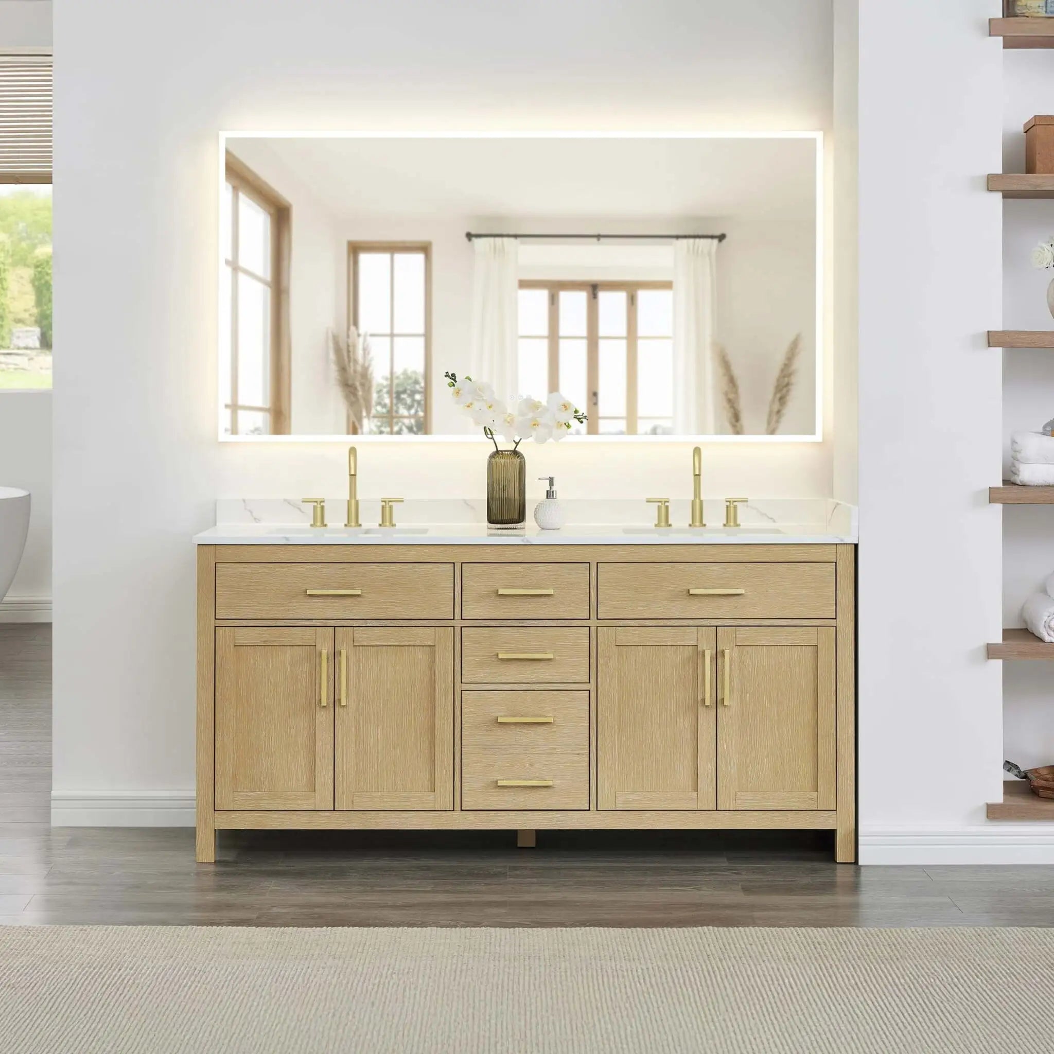 72" Beckett Double Bathroom Vanity in Whitewashed Oak with Brushed Gold Trim by Wyndham