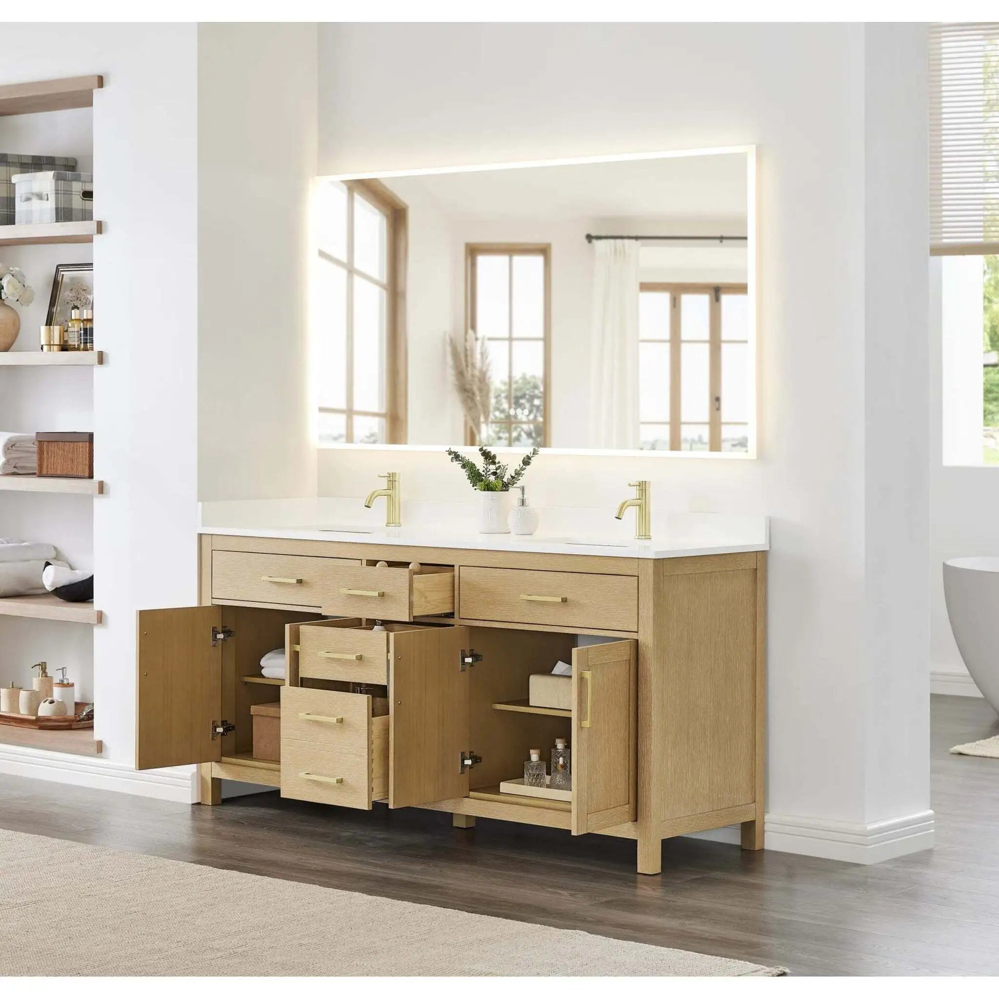 72" Beckett Double Bathroom Vanity in Whitewashed Oak with Brushed Gold Trim by Wyndham