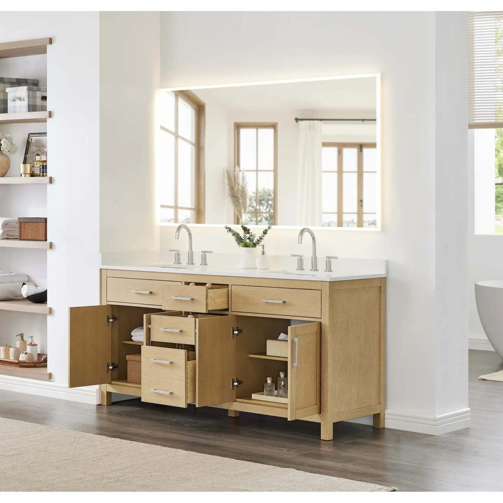 72" Beckett Double Bathroom Vanity in Whitewashed Oak with Brushed Nickel Trim by Wyndham