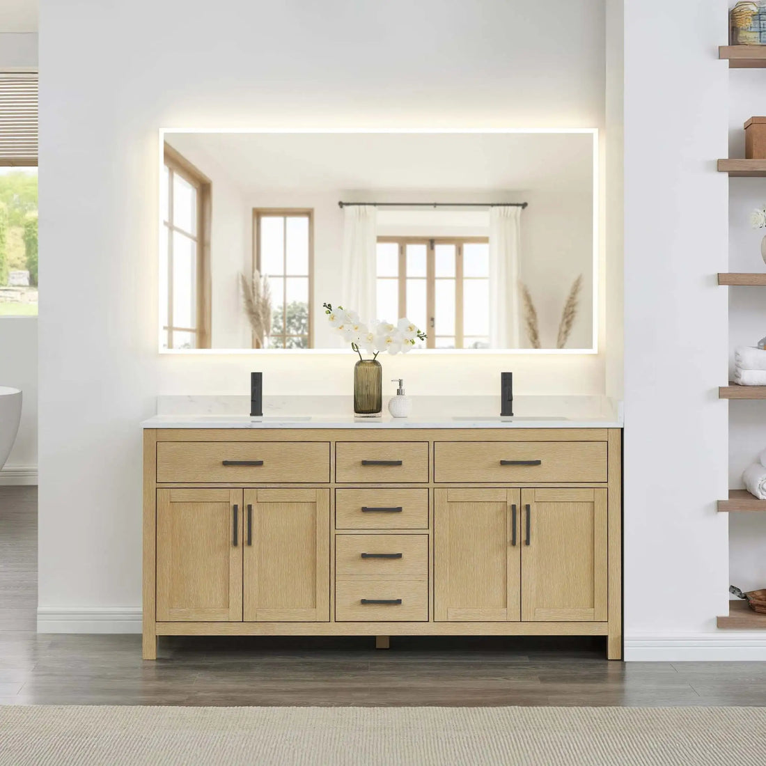 72" Beckett Double Bathroom Vanity in Whitewashed Oak with Matte Black Trim by Wyndham