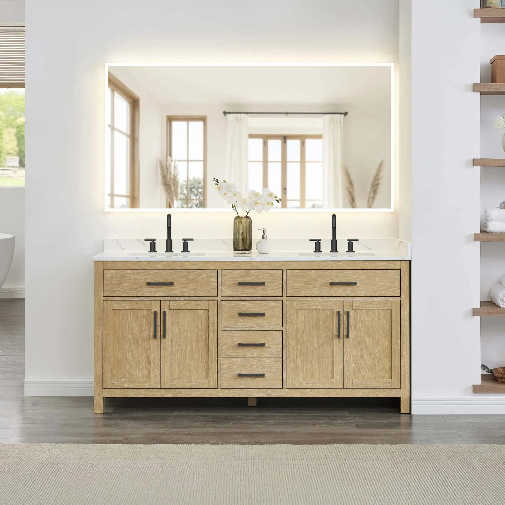 72" Beckett Double Bathroom Vanity in Whitewashed Oak with Matte Black Trim by Wyndham