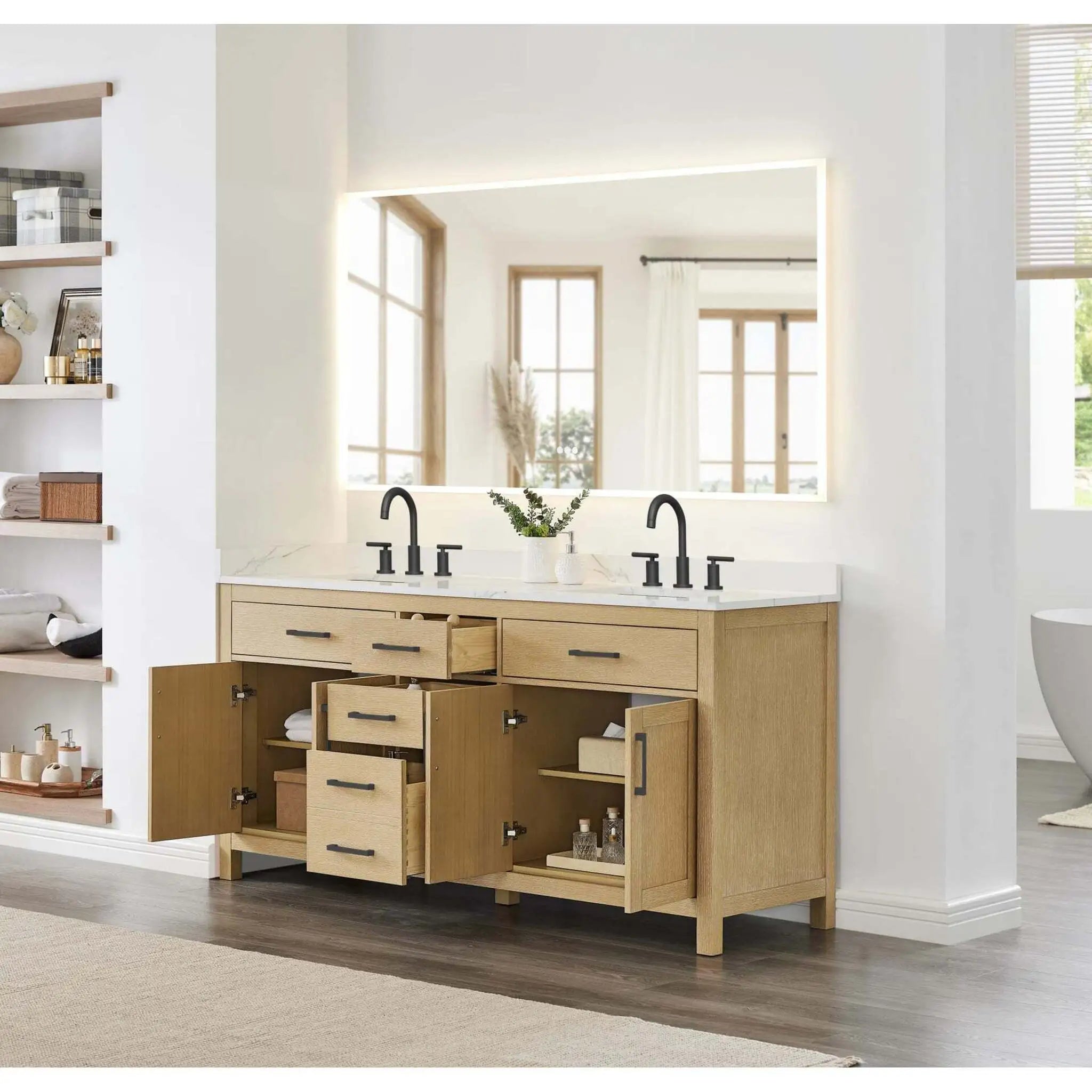 72" Beckett Double Bathroom Vanity in Whitewashed Oak with Matte Black Trim by Wyndham