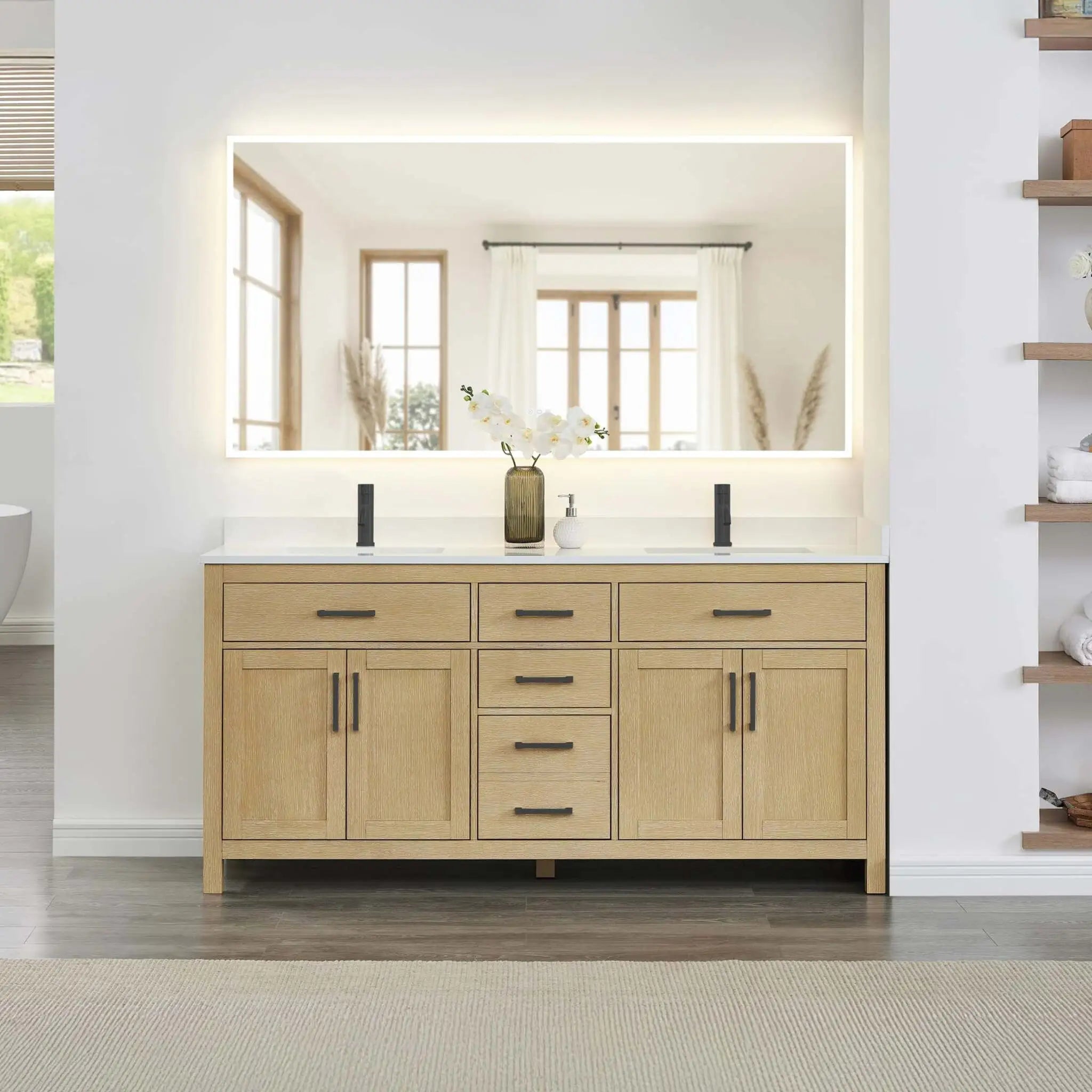 72" Beckett Double Bathroom Vanity in Whitewashed Oak with Matte Black Trim by Wyndham