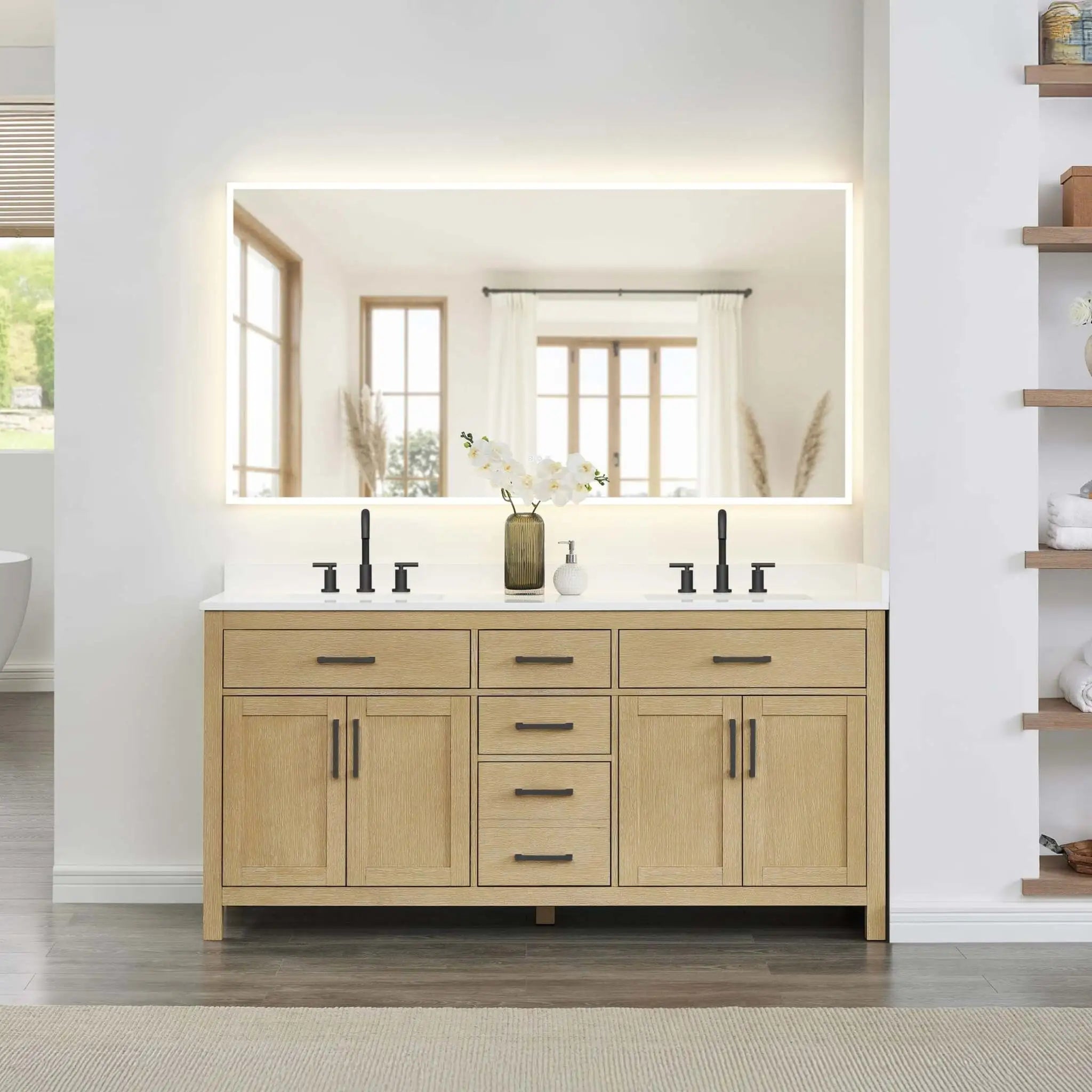 72" Beckett Double Bathroom Vanity in Whitewashed Oak with Matte Black Trim by Wyndham