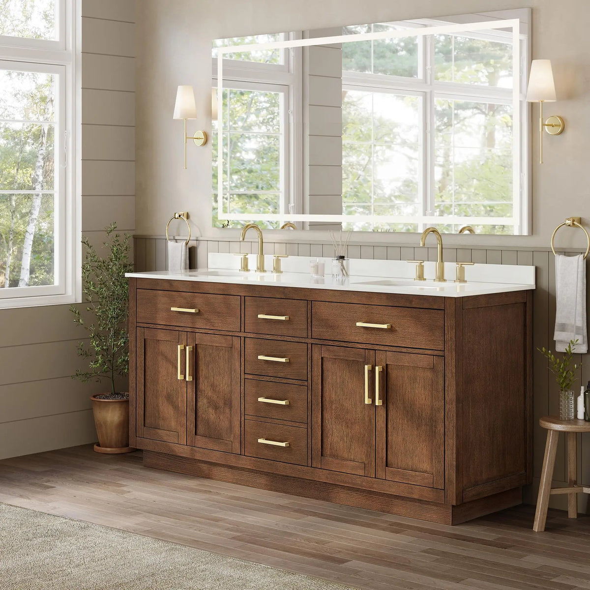 72" Beckett Double Bathroom Vanity with Toe Kick Dark Oak Brushed Gold Trim by wyndham View 37