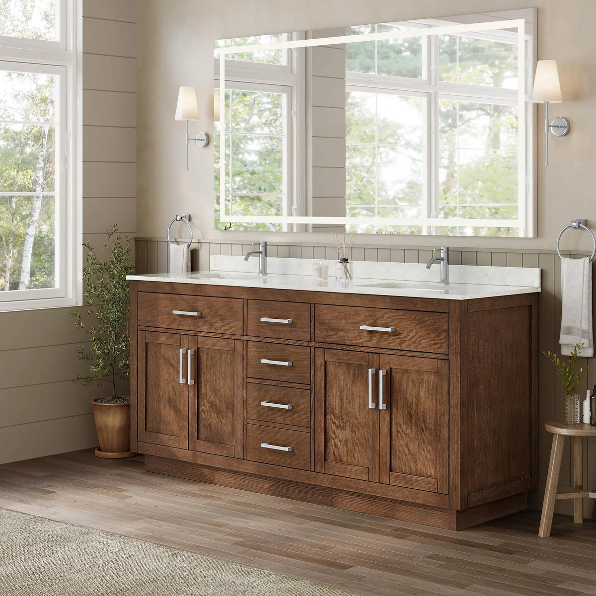 72" Beckett Double Bathroom Vanity with Toe Kick Dark Oak Brushed Nickel Trim by wyndham View 2