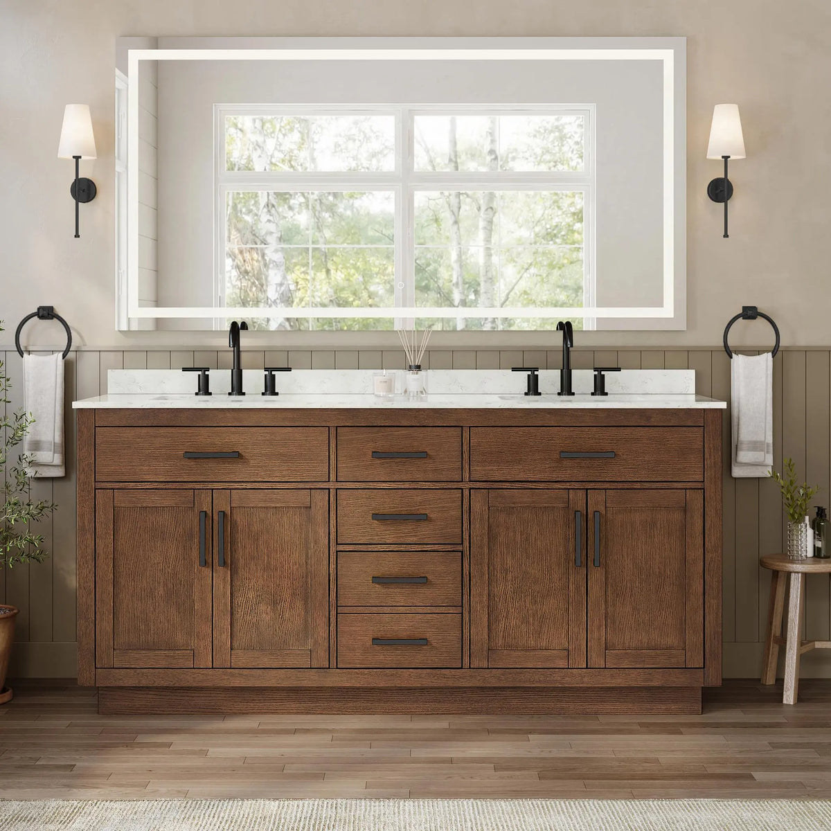 72" Beckett Double Bathroom Vanity with Toe Kick Dark Oak Matte Black Trim by wyndham View 14