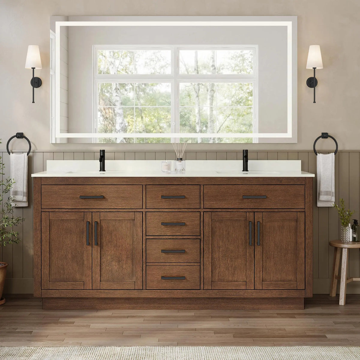 72" Beckett Double Bathroom Vanity with Toe Kick Dark Oak Matte Black Trim by wyndham View 29