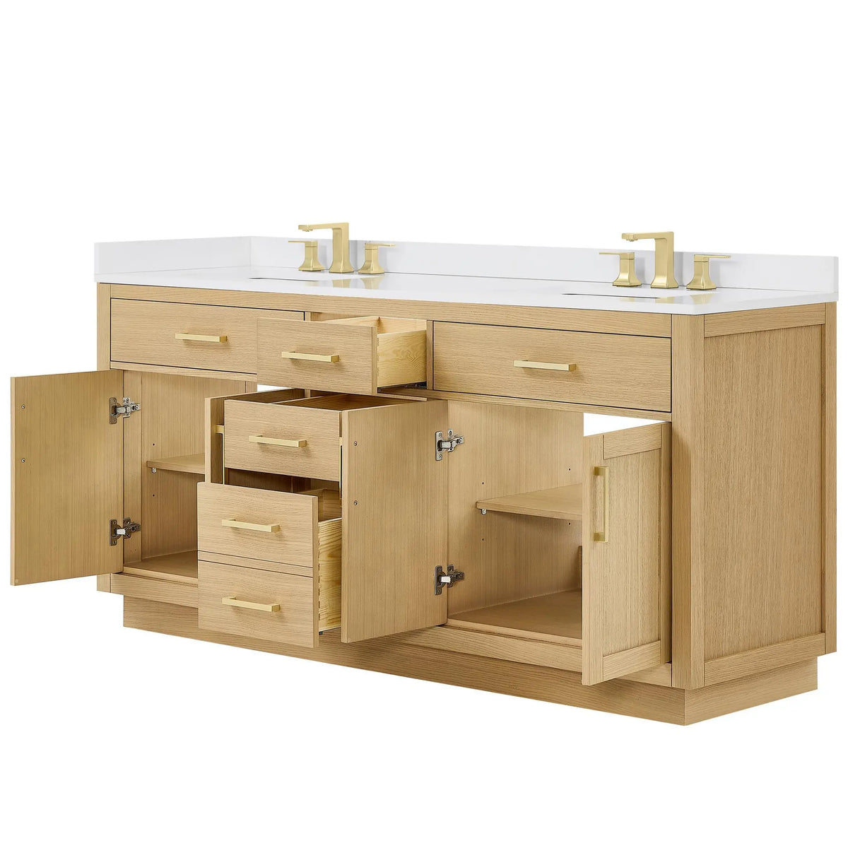 72" Beckett Double Bathroom Vanity with Toe Kick Rift Oak Brushed Gold Trim by wyndham View 38