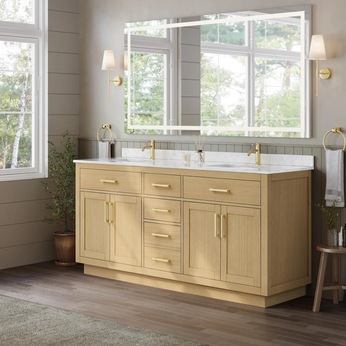 72" Beckett Double Bathroom Vanity with Toe Kick Rift Oak Brushed Gold Trim by wyndham View 2
