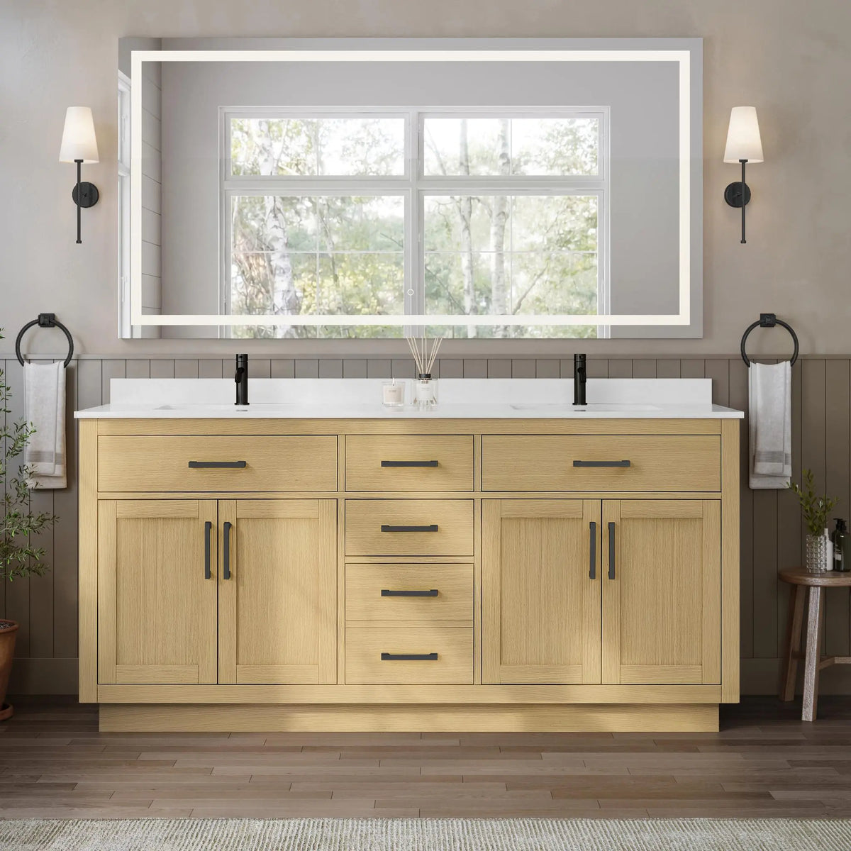 72" Beckett Double Bathroom Vanity with Toe Kick Rift Oak Matte Black Trim by wyndham View 9