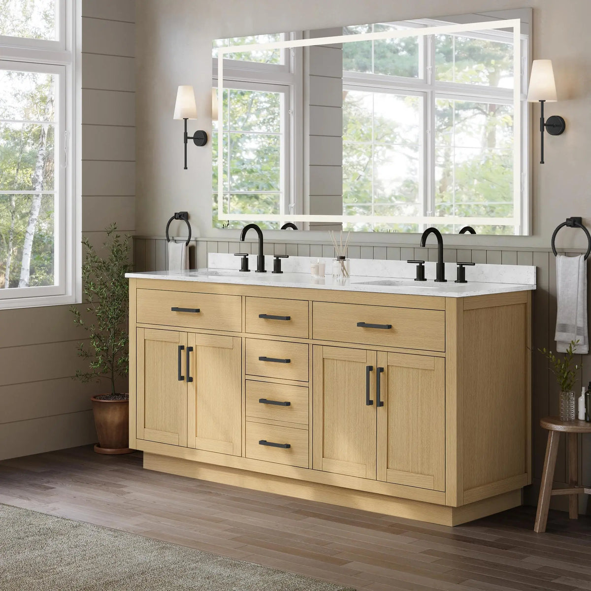 72" Beckett Double Bathroom Vanity with Toe Kick Rift Oak Matte Black Trim by wyndham View 12