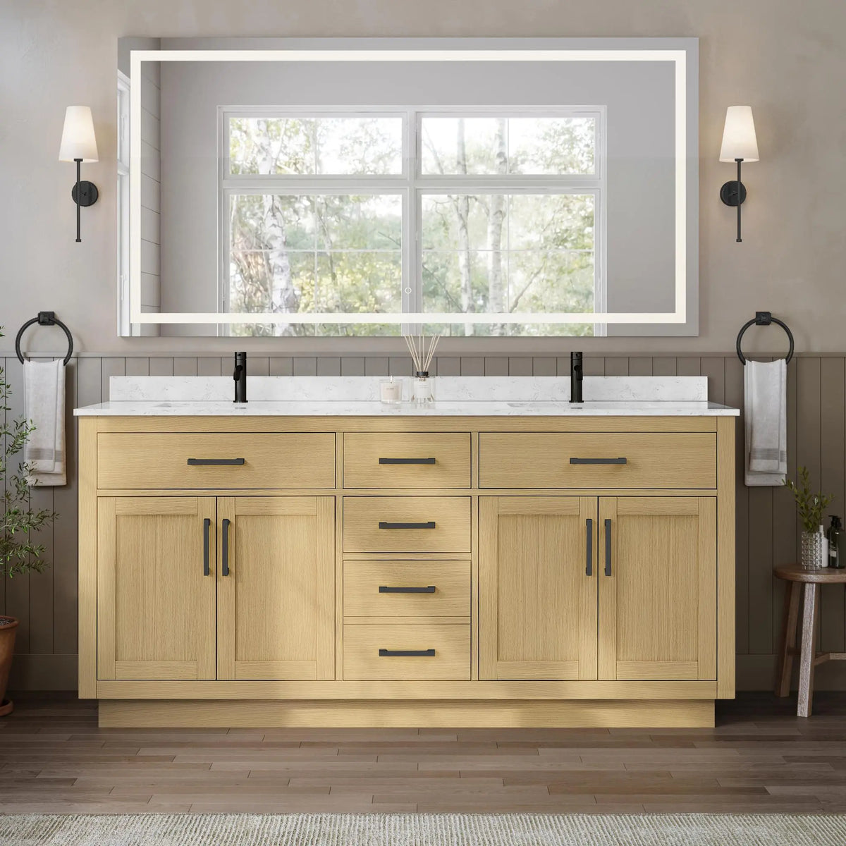 72" Beckett Double Bathroom Vanity with Toe Kick Rift Oak Matte Black Trim by wyndham View 4
