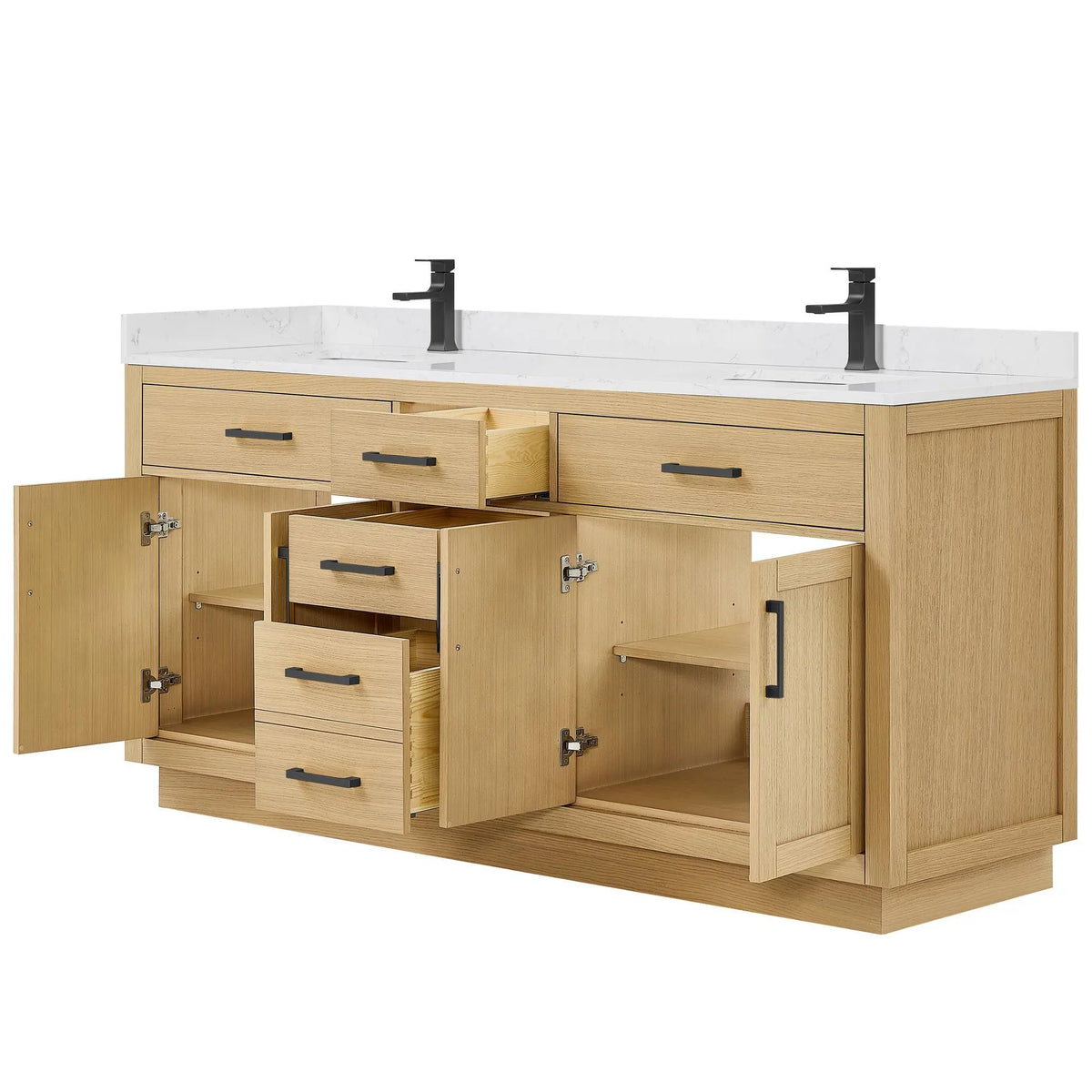 72" Beckett Double Bathroom Vanity with Toe Kick Rift Oak Matte Black Trim by wyndham View 3