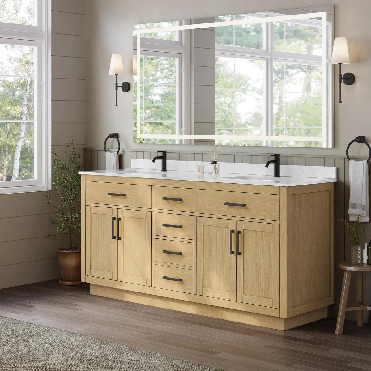 72" Beckett Double Bathroom Vanity with Toe Kick Rift Oak Matte Black Trim by wyndham View 2