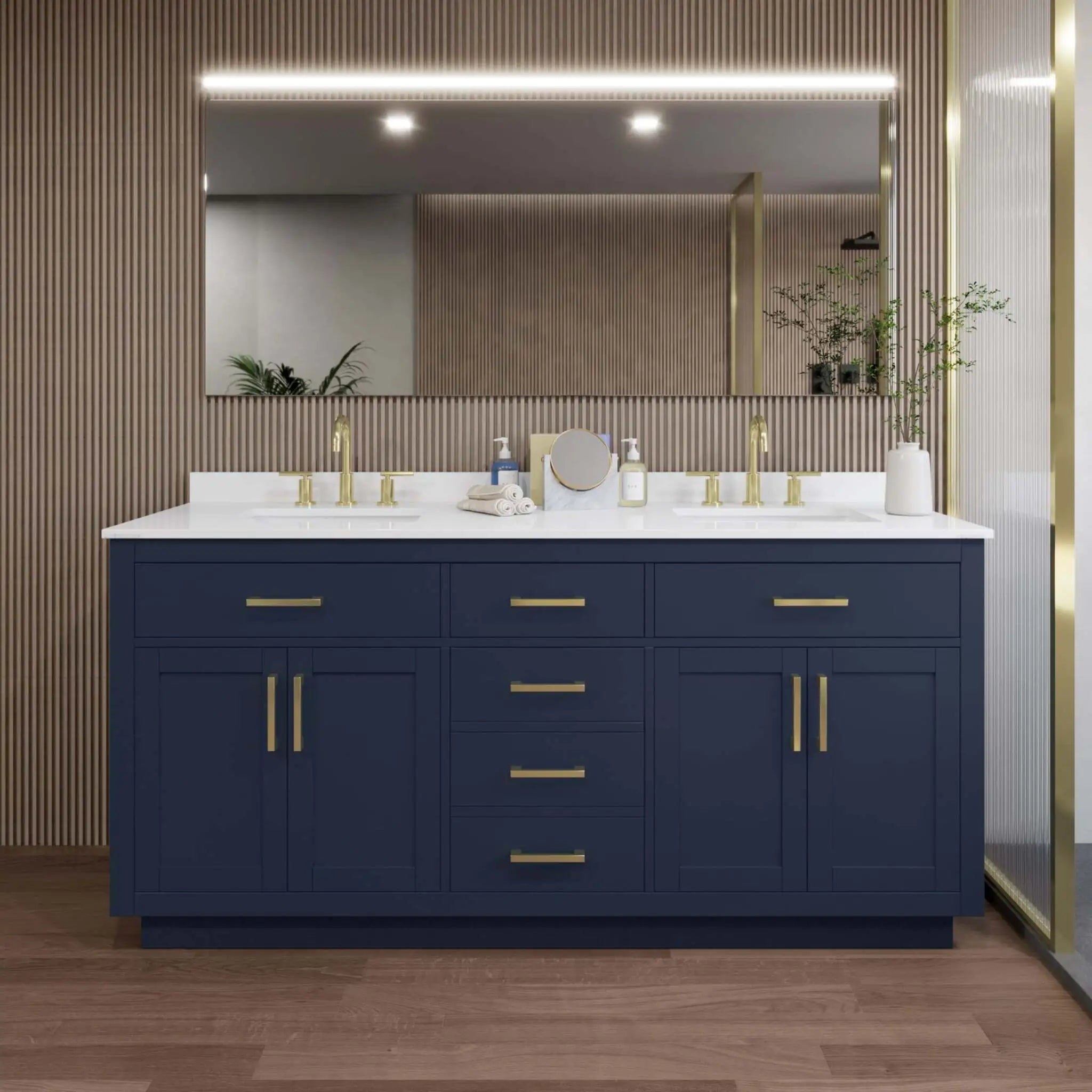 72" Beckett TK Beckett Double Bathroom Vanity with Toe Kick in Dark Blue with Brushed Gold Trim by Wyndham