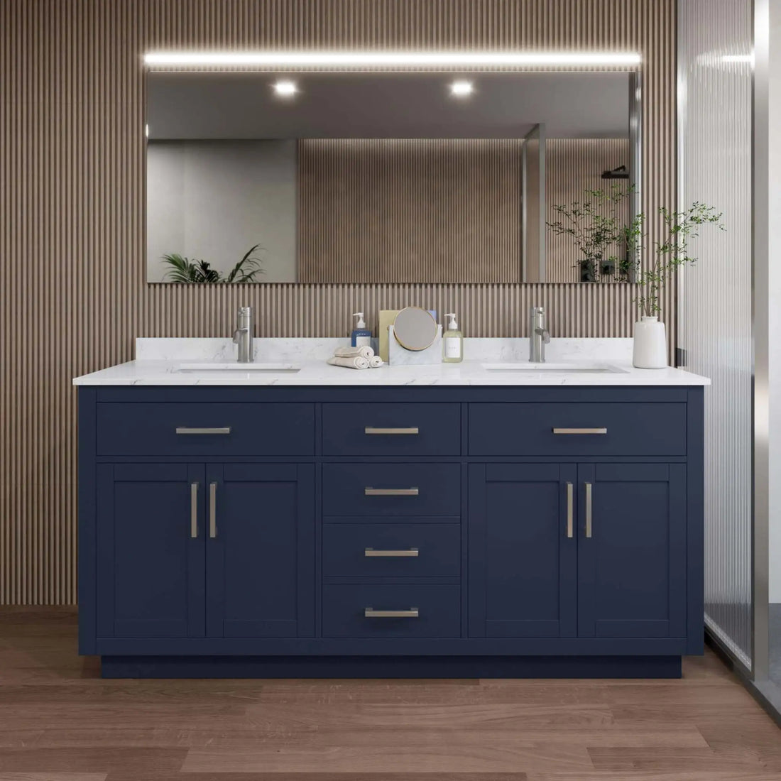 72" Beckett TK Beckett Double Bathroom Vanity with Toe Kick in Dark Blue with Brushed Nickel Trim by Wyndham