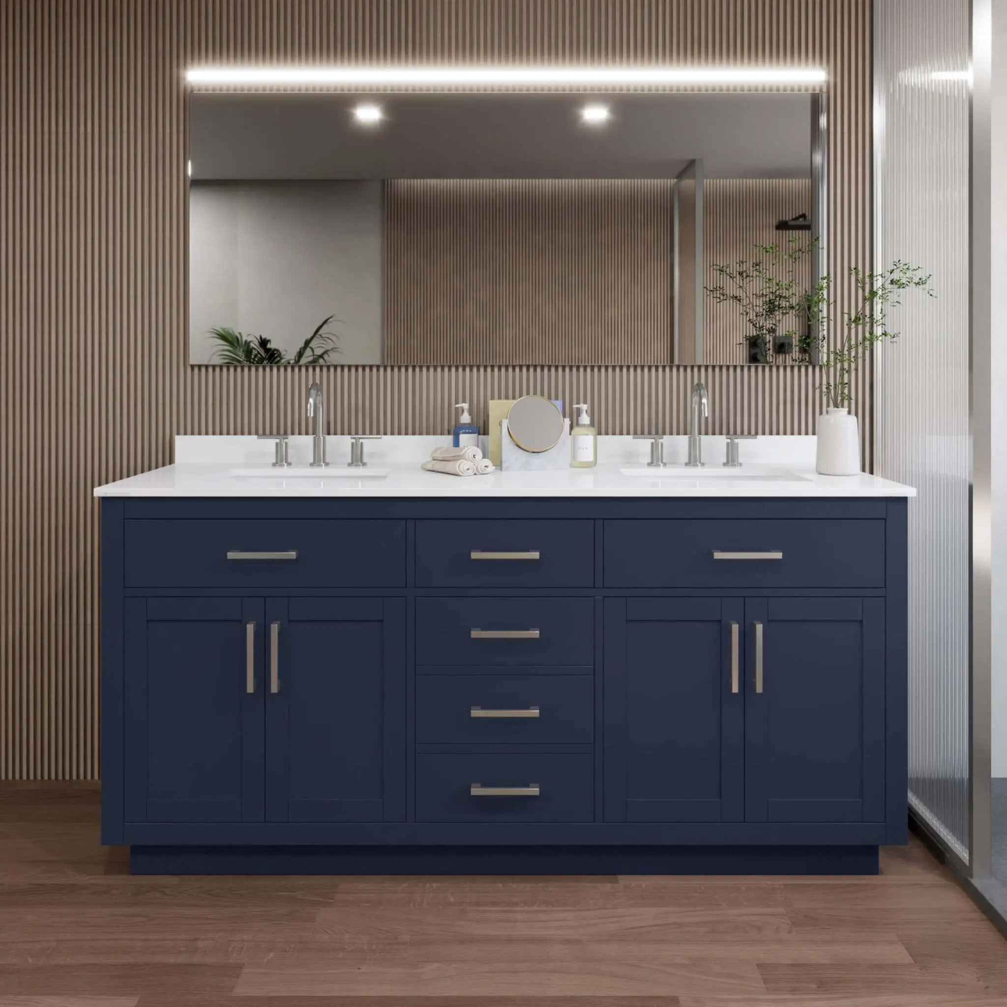 72" Beckett TK Beckett Double Bathroom Vanity with Toe Kick in Dark Blue with Brushed Nickel Trim by Wyndham