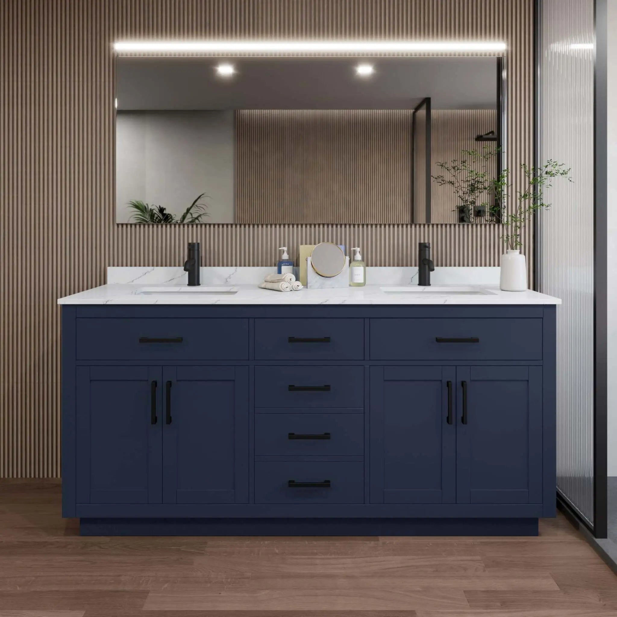 72" Beckett TK Beckett Double Bathroom Vanity with Toe Kick in Dark Blue with Matte Black Trim by Wyndham