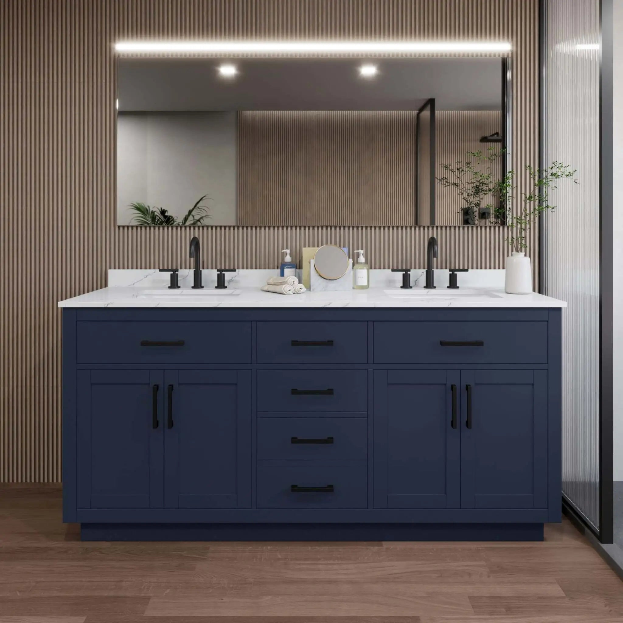 72" Beckett TK Beckett Double Bathroom Vanity with Toe Kick in Dark Blue with Matte Black Trim by Wyndham