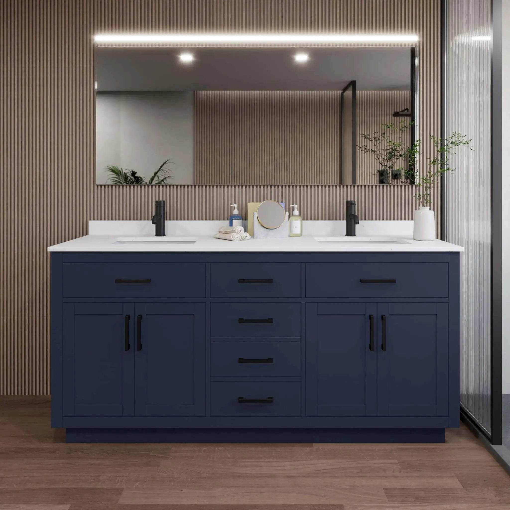 72" Beckett TK Beckett Double Bathroom Vanity with Toe Kick in Dark Blue with Matte Black Trim by Wyndham