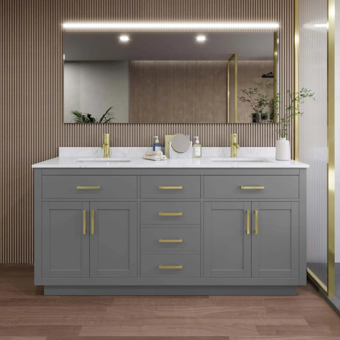 72" Beckett TK Beckett Double Bathroom Vanity with Toe Kick in Dark Gray with Brushed Gold Trim by Wyndham