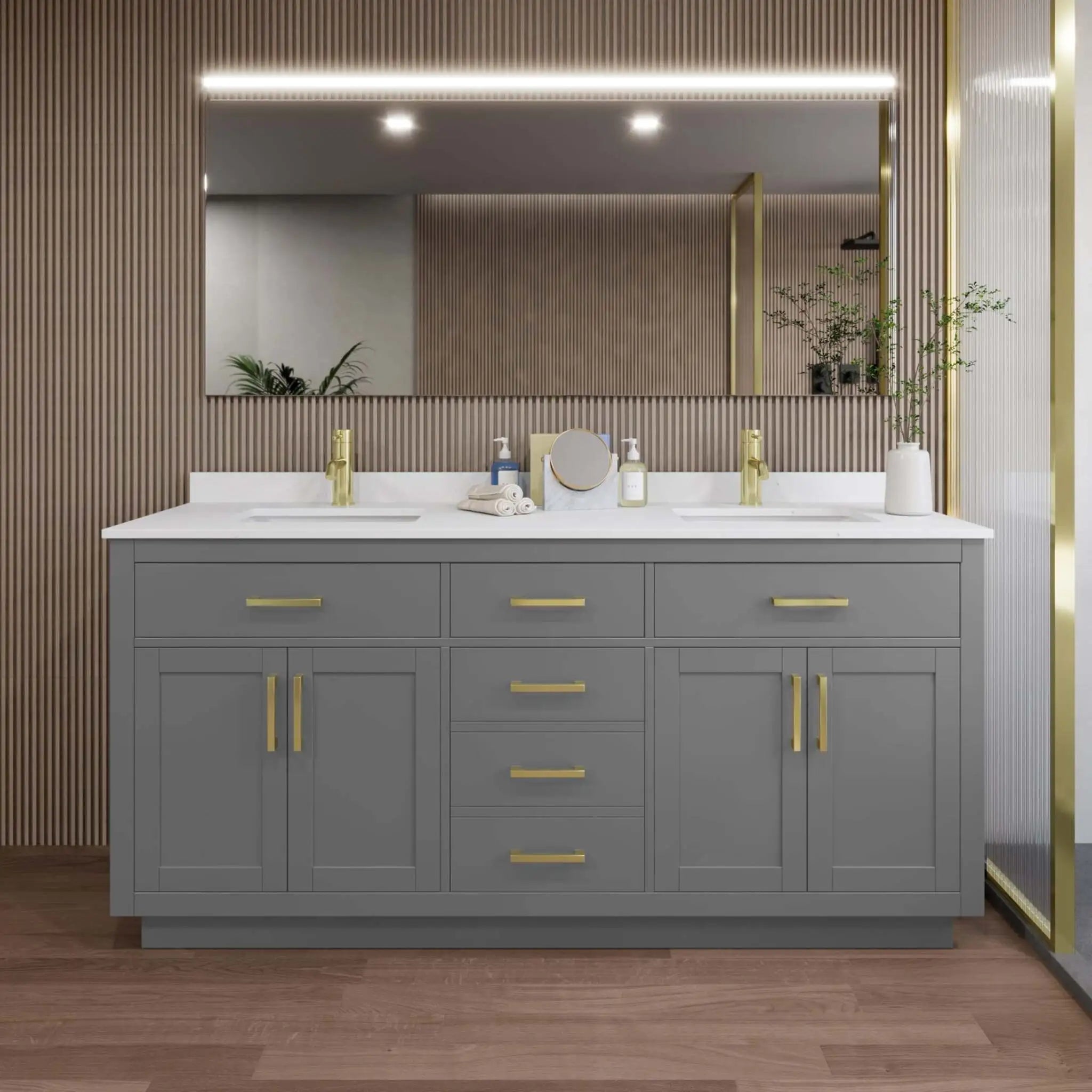 72" Beckett TK Beckett Double Bathroom Vanity with Toe Kick in Dark Gray with Brushed Gold Trim by Wyndham