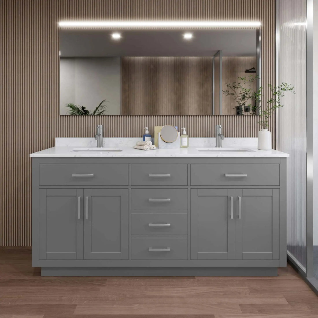 72" Beckett TK Beckett Double Bathroom Vanity with Toe Kick in Dark Gray with Brushed Nickel Trim by Wyndham