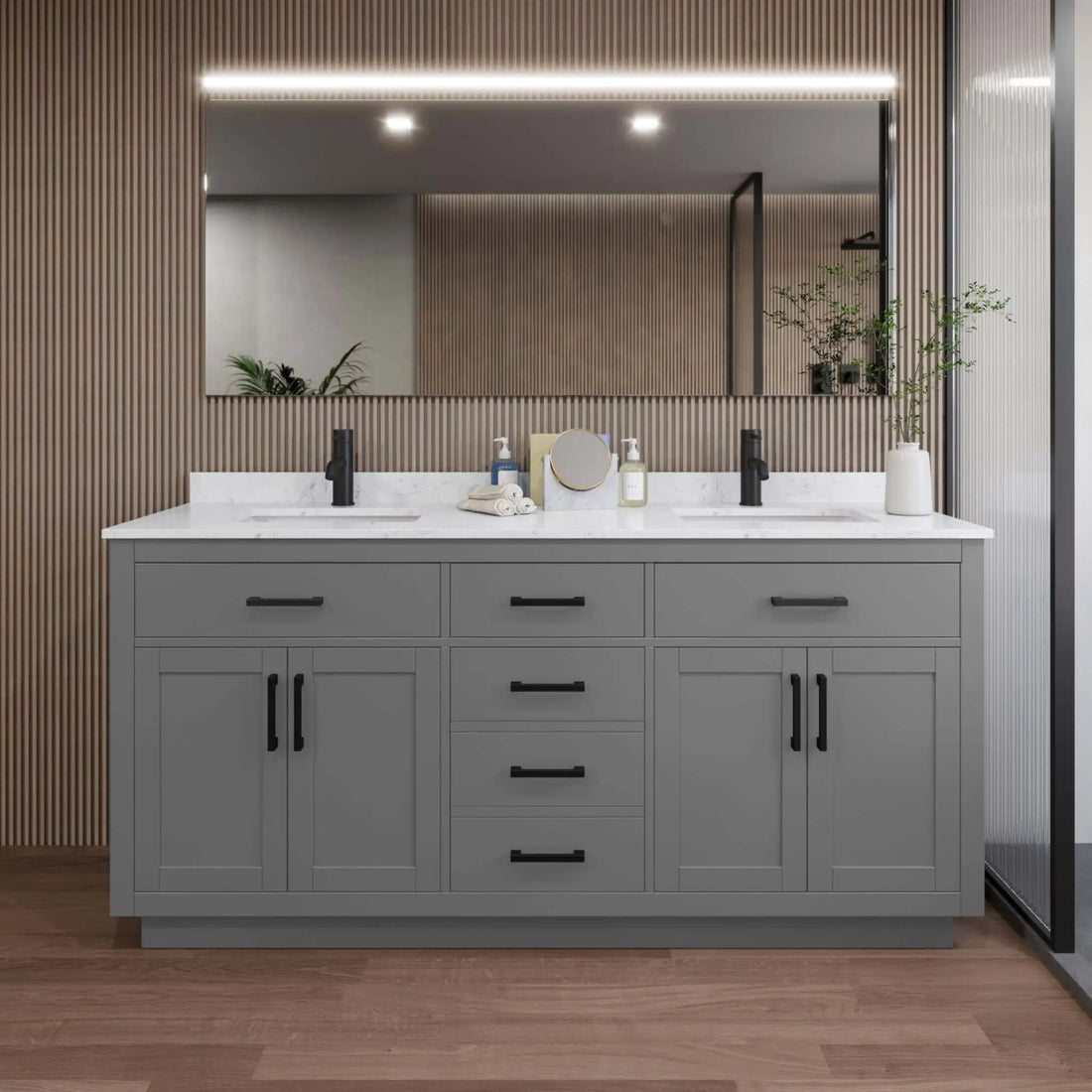 72" Beckett TK Beckett Double Bathroom Vanity with Toe Kick in Dark Gray with Matte Black Trim by Wyndham