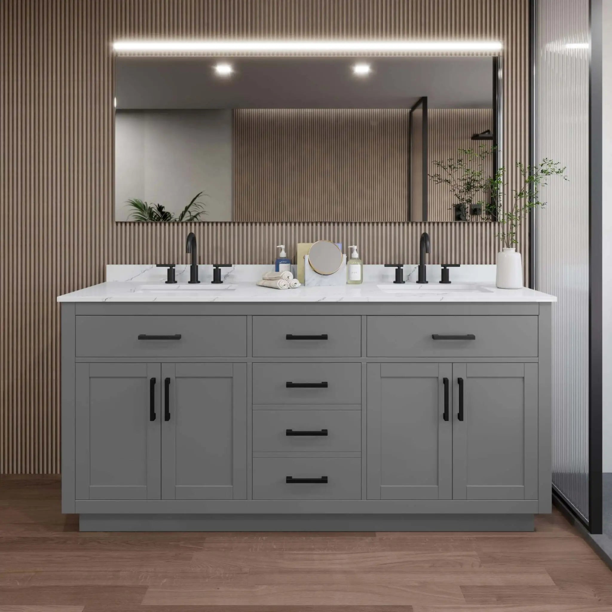 72" Beckett TK Beckett Double Bathroom Vanity with Toe Kick in Dark Gray with Matte Black Trim by Wyndham