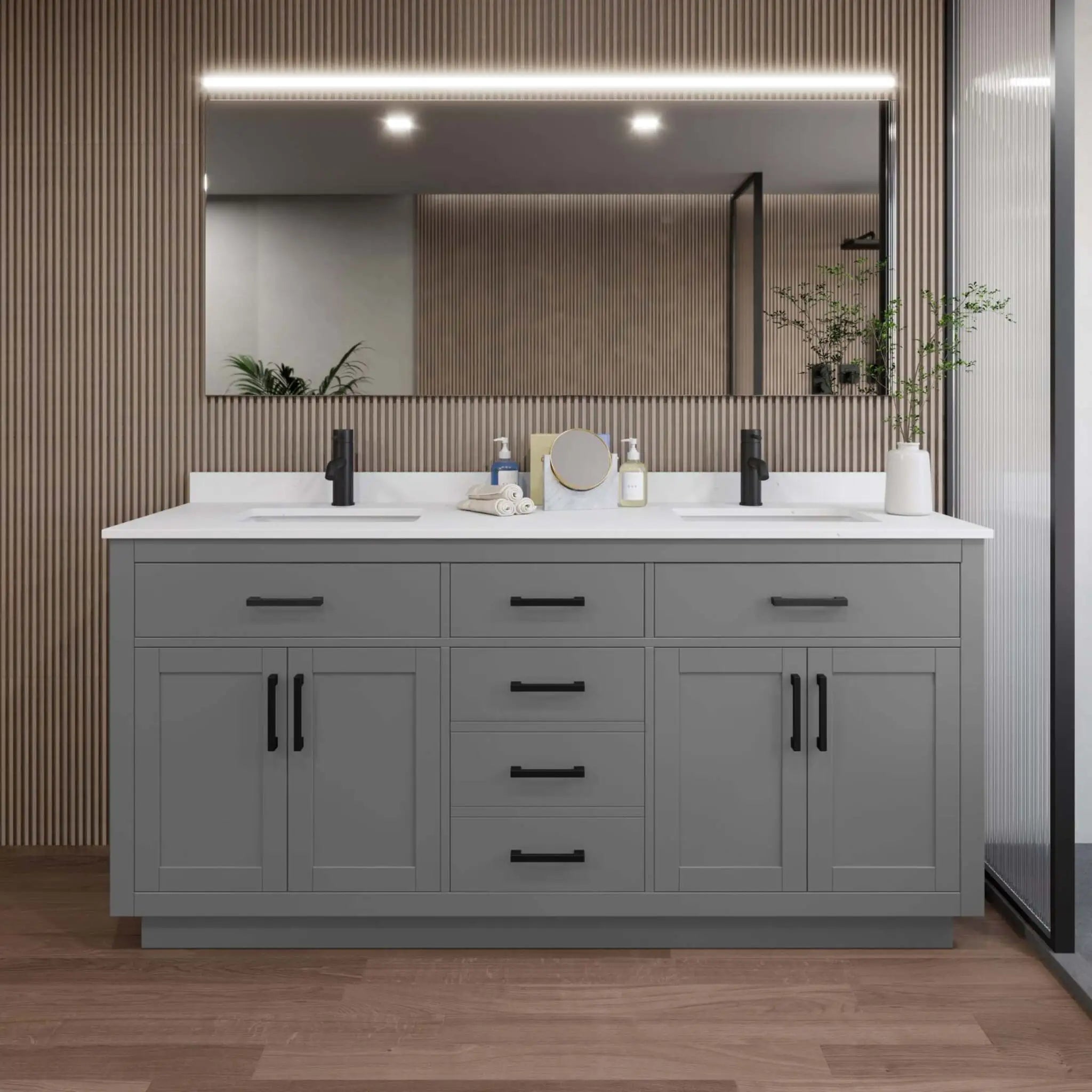 72" Beckett TK Beckett Double Bathroom Vanity with Toe Kick in Dark Gray with Matte Black Trim by Wyndham