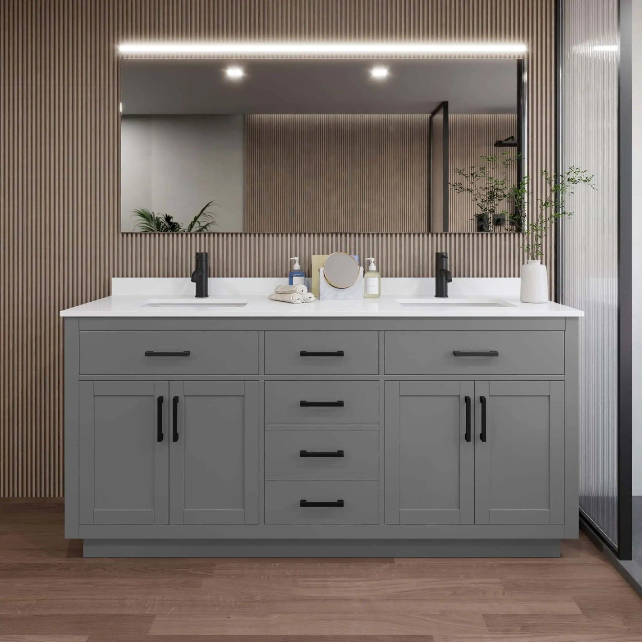 72" Beckett TK Beckett Double Bathroom Vanity with Toe Kick in Dark Gray with Matte Black Trim by Wyndham
