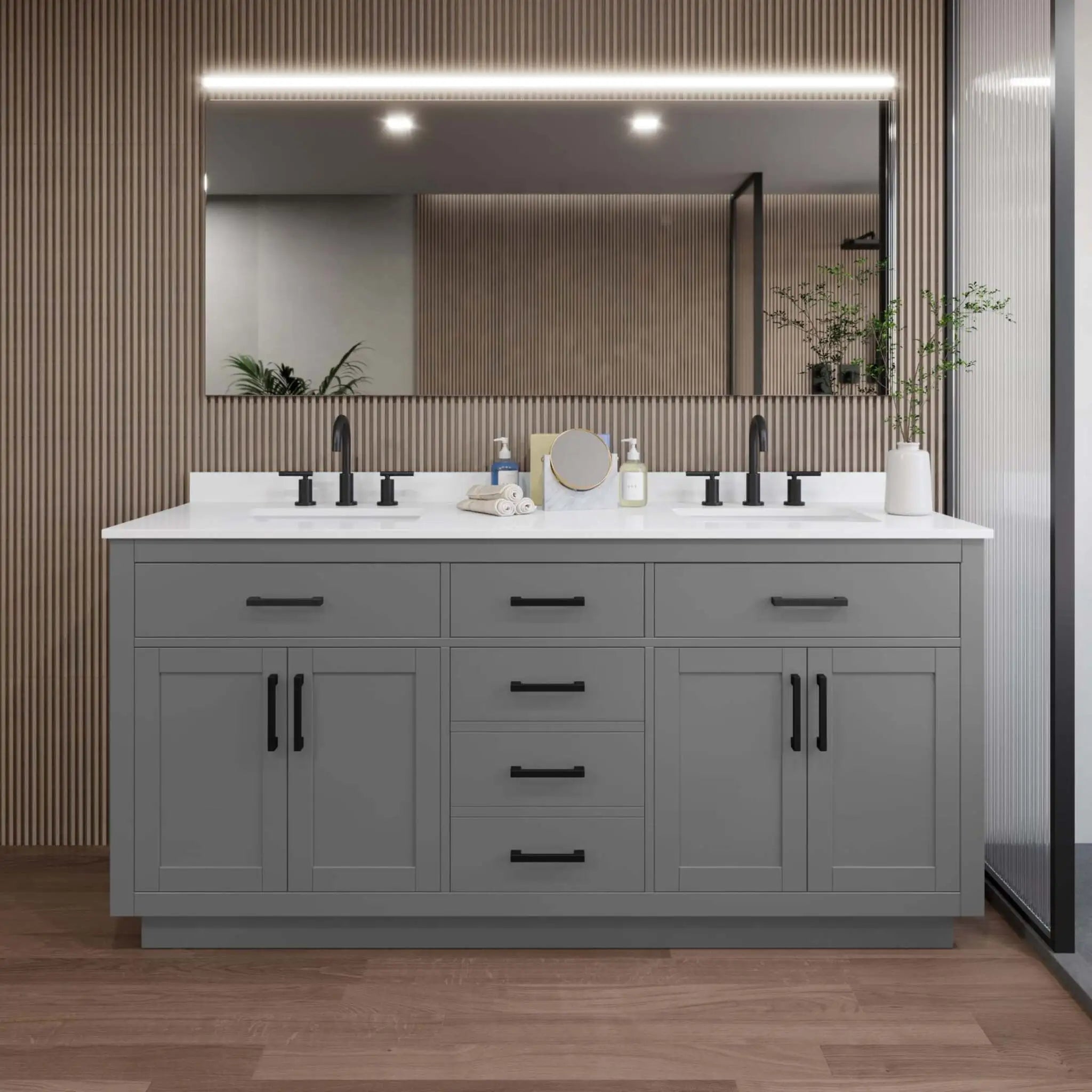 72" Beckett TK Beckett Double Bathroom Vanity with Toe Kick in Dark Gray with Matte Black Trim by Wyndham