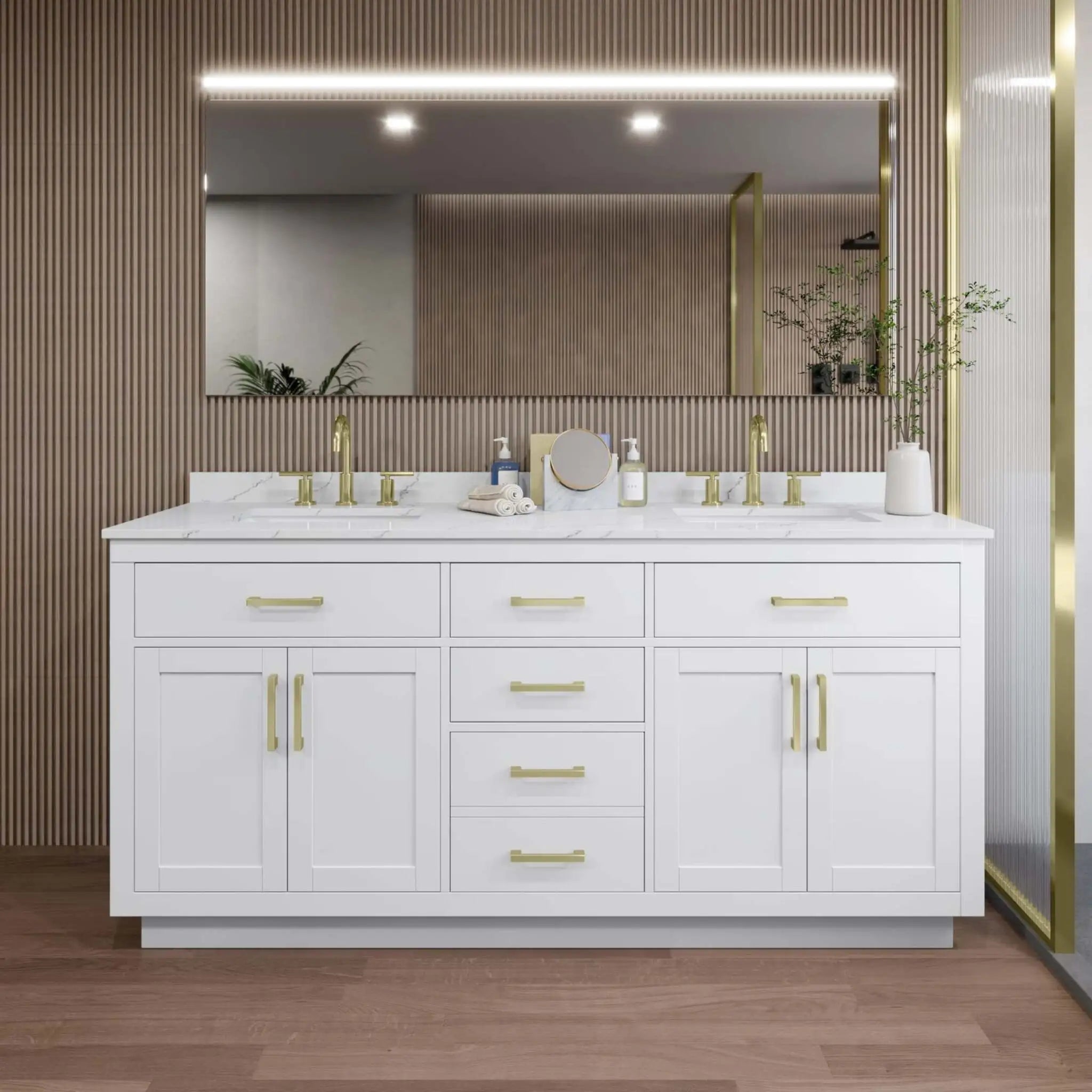 72" Beckett TK Beckett Double Bathroom Vanity with Toe Kick in White with Brushed Gold Trim by Wyndham