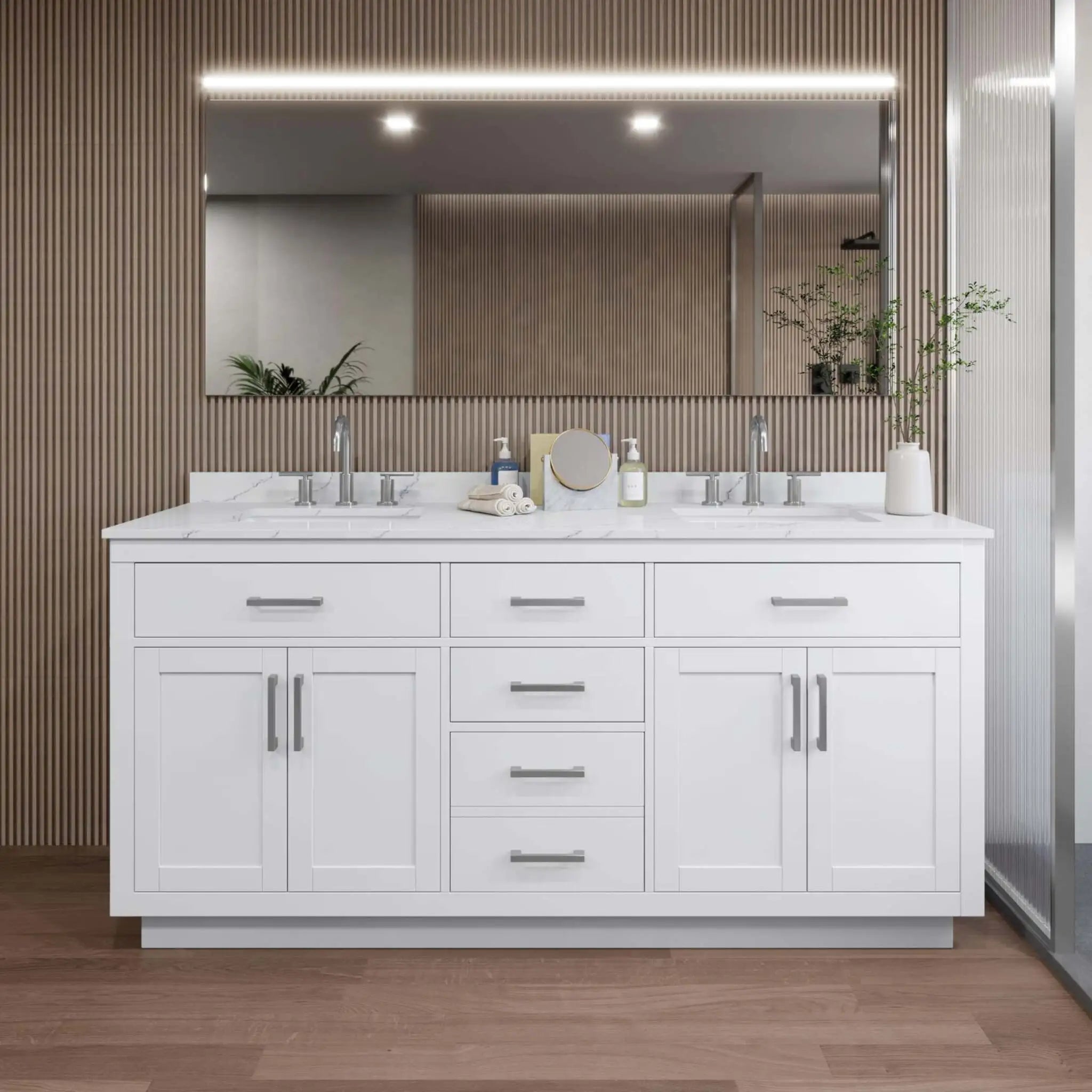 72" Beckett TK Beckett Double Bathroom Vanity with Toe Kick in White with Brushed Nickel Trim by Wyndham