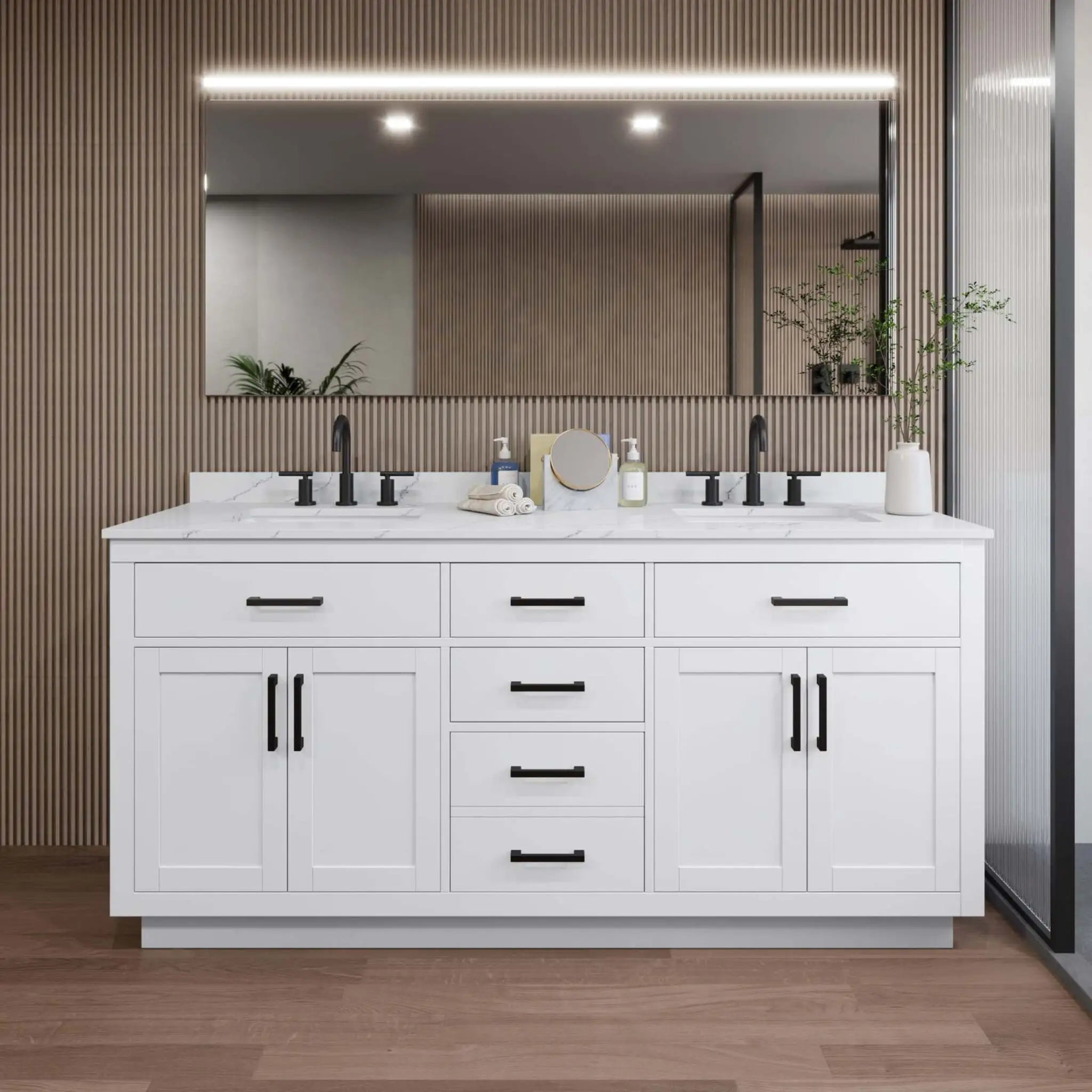 72" Beckett TK Beckett Double Bathroom Vanity with Toe Kick in White with Matte Black Trim by Wyndham