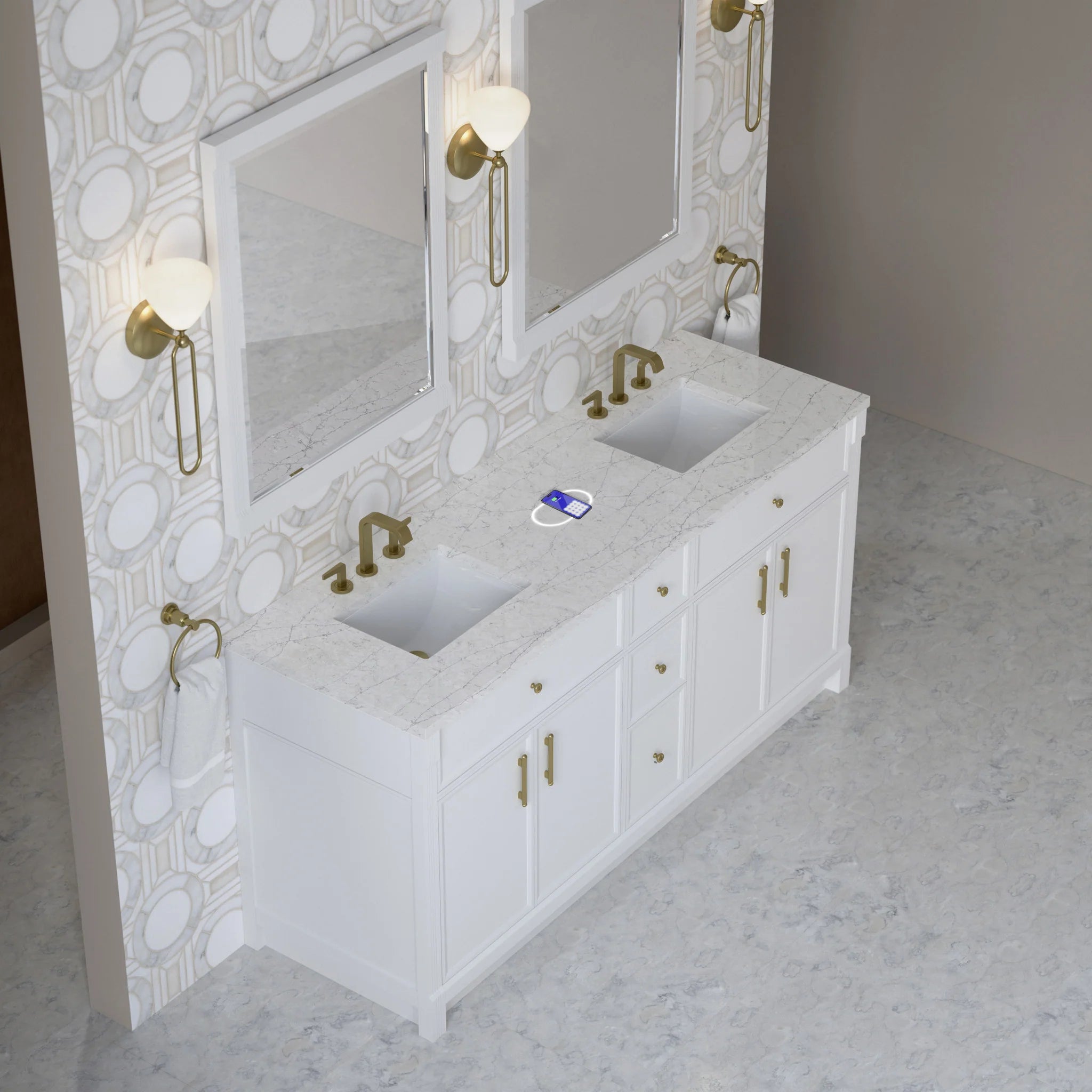 72" Bellshire Double Vanity in Bright White w/FreePower Wireless Charger by James Martin Vanities-Eternal Jasmine Pearl Silestone 5