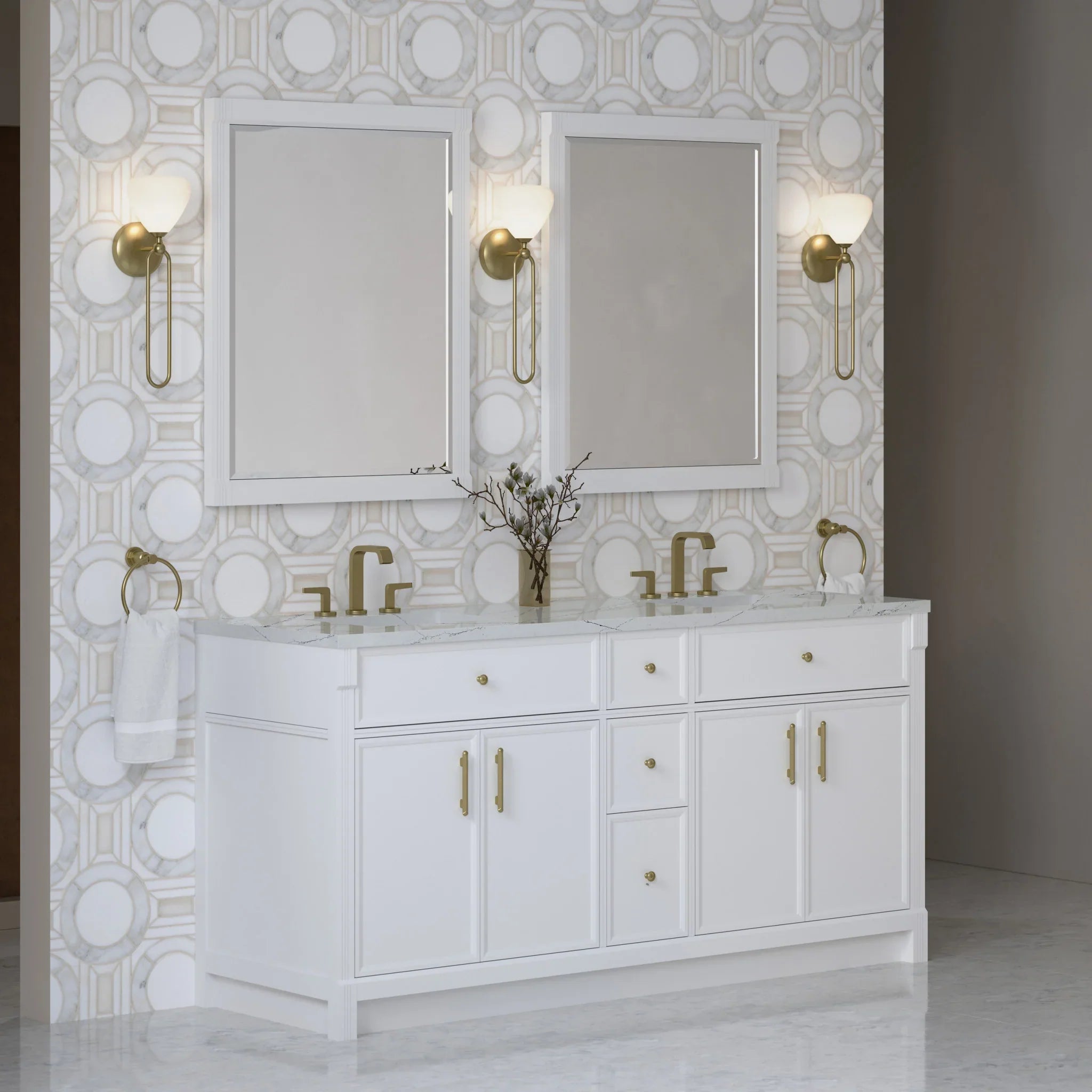 72" Bellshire Double Vanity in Bright White w/FreePower Wireless Charger by James Martin Vanities-Ethereal Noctis Silestone 2