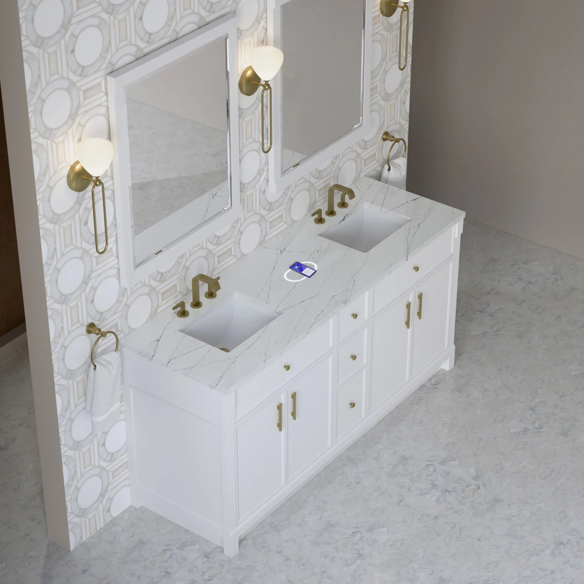 72" Bellshire Double Vanity in Bright White w/FreePower Wireless Charger by James Martin Vanities-Ethereal Noctis Silestone 5