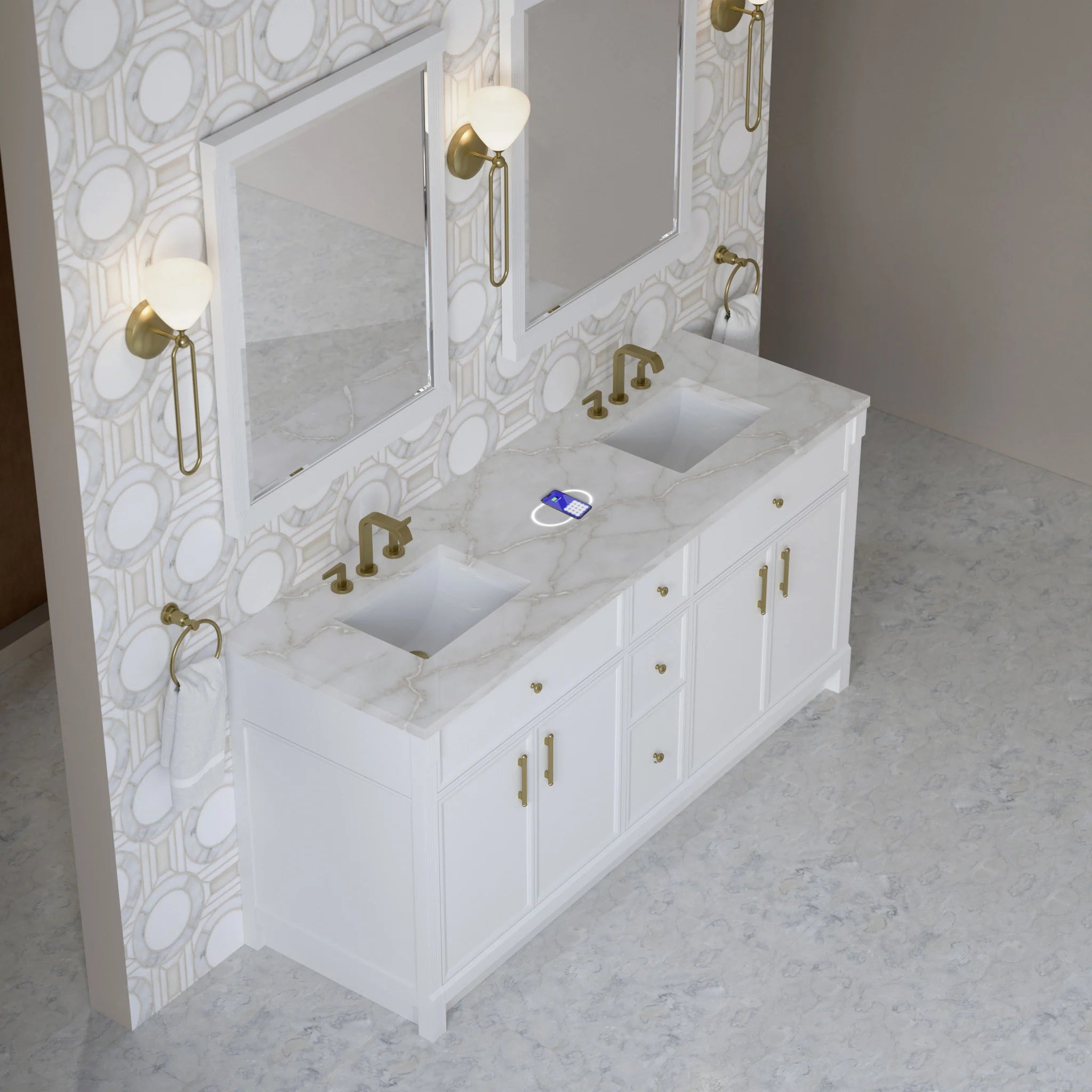 72" Bellshire Double Vanity in Bright White w/FreePower Wireless Charger by James Martin Vanities-Victorian Silver Silestone 2