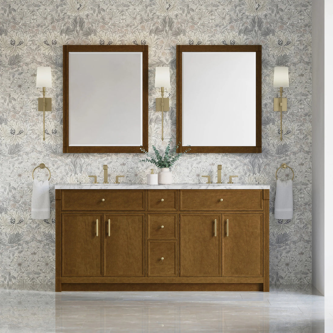 72" Bellshire Double Vanity in Honey Oak by James Martin Vanities-Carrara White Marble 1