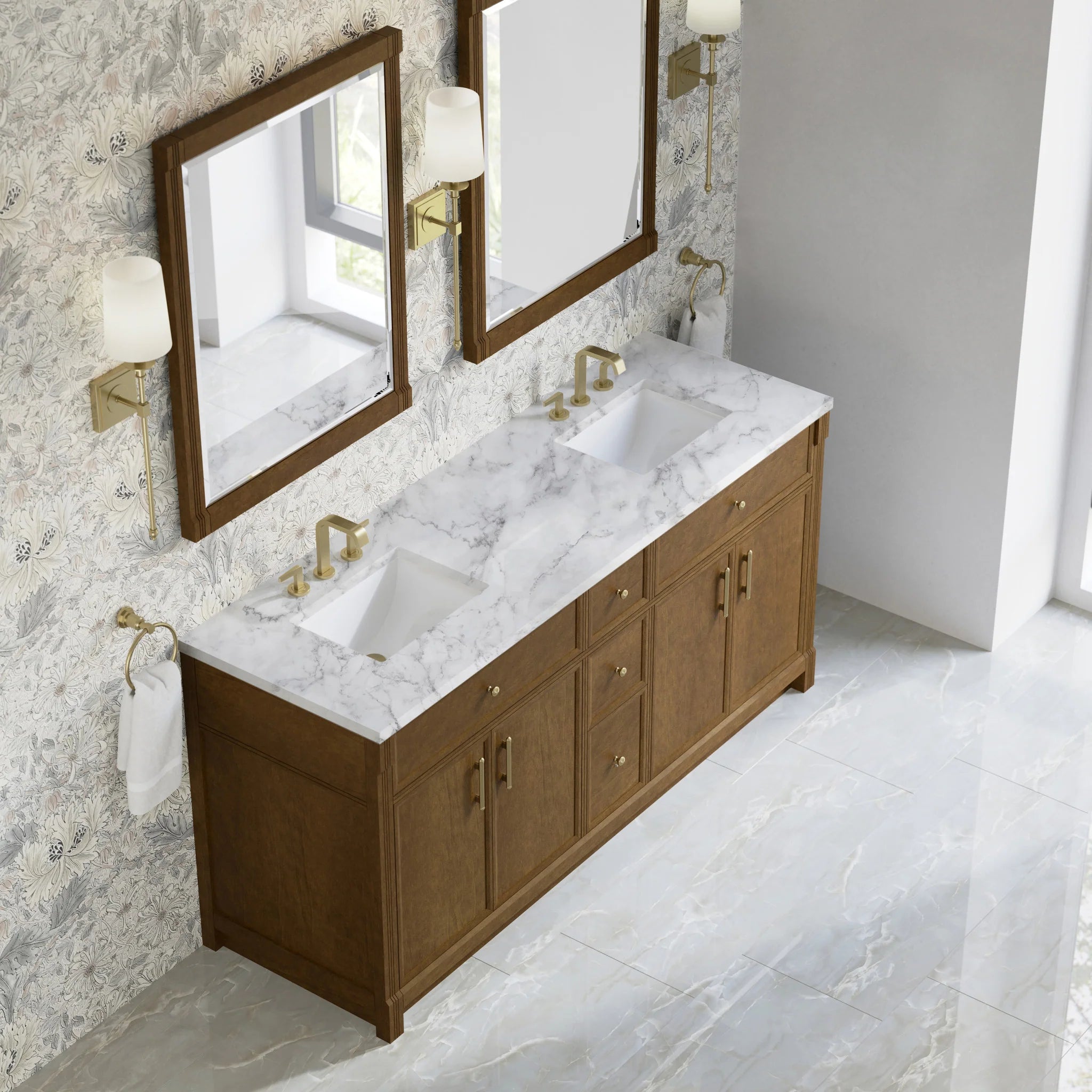 72" Bellshire Double Vanity in Honey Oak by James Martin Vanities-Carrara White Marble 5