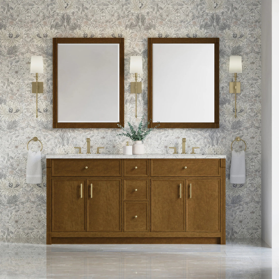 72" Bellshire Double Vanity in Honey Oak w/FreePower Wireless Charger by James Martin Vanities-Eternal Jasmine Pearl Silestone 1