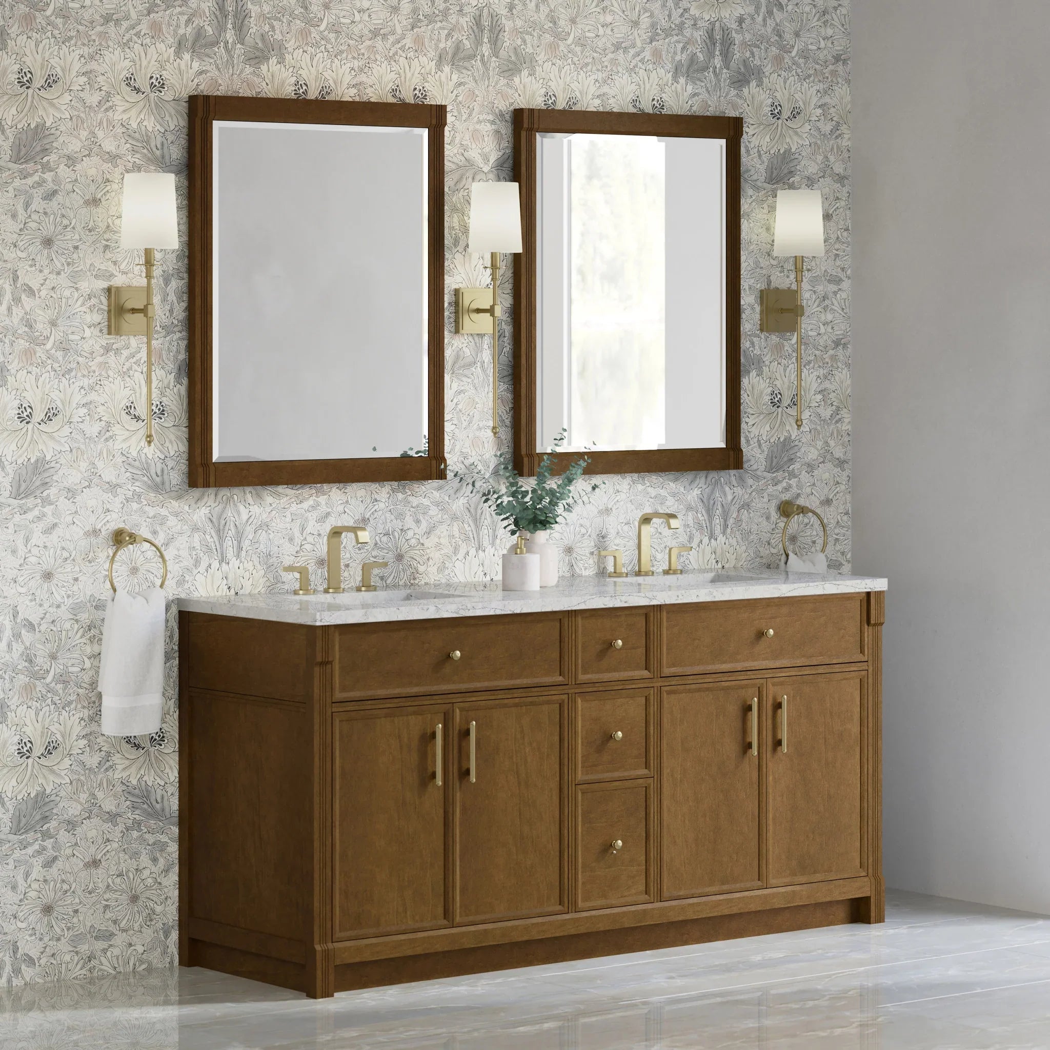 72" Bellshire Double Vanity in Honey Oak w/FreePower Wireless Charger by James Martin Vanities-Eternal Jasmine Pearl Silestone 2