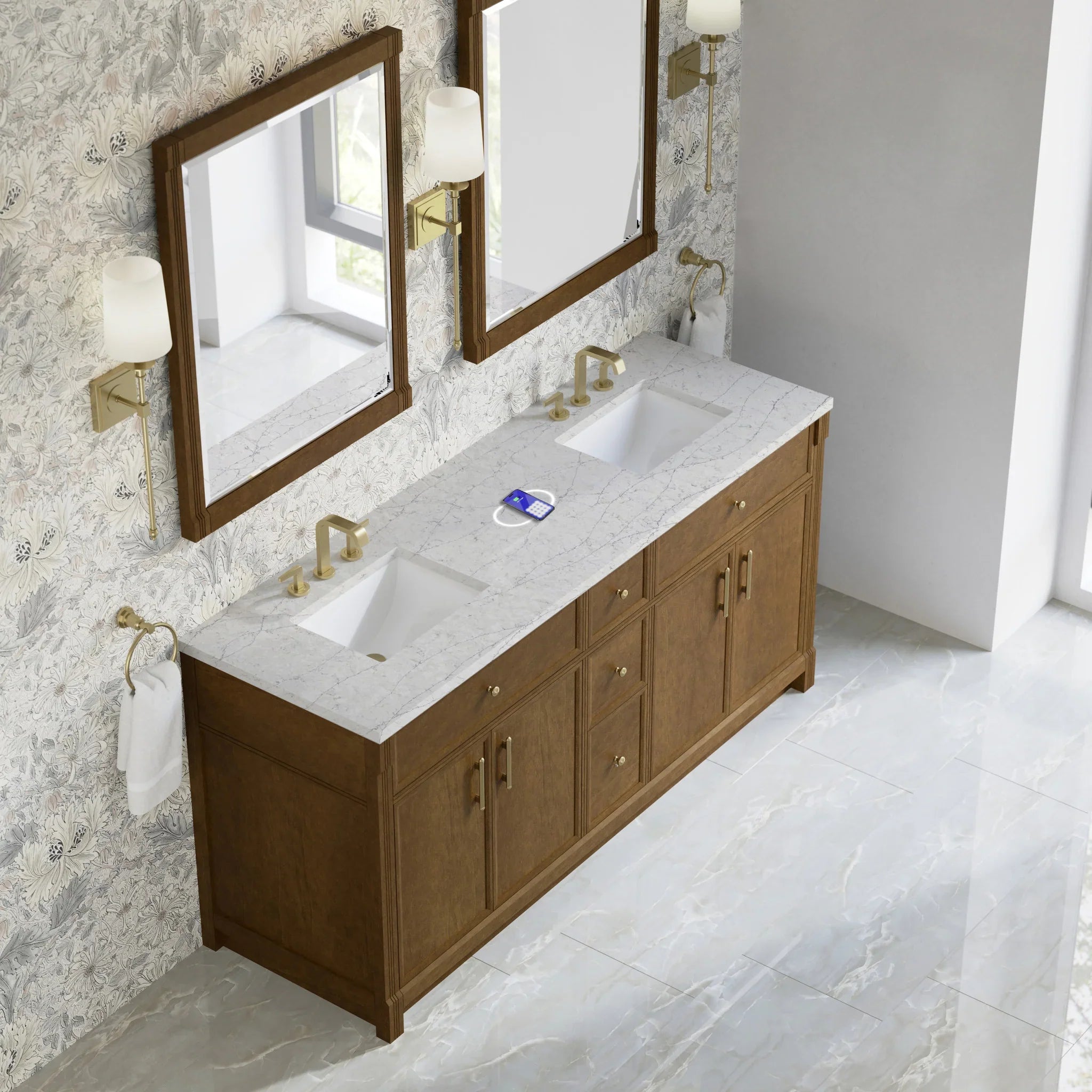 72" Bellshire Double Vanity in Honey Oak w/FreePower Wireless Charger by James Martin Vanities-Eternal Jasmine Pearl Silestone 5