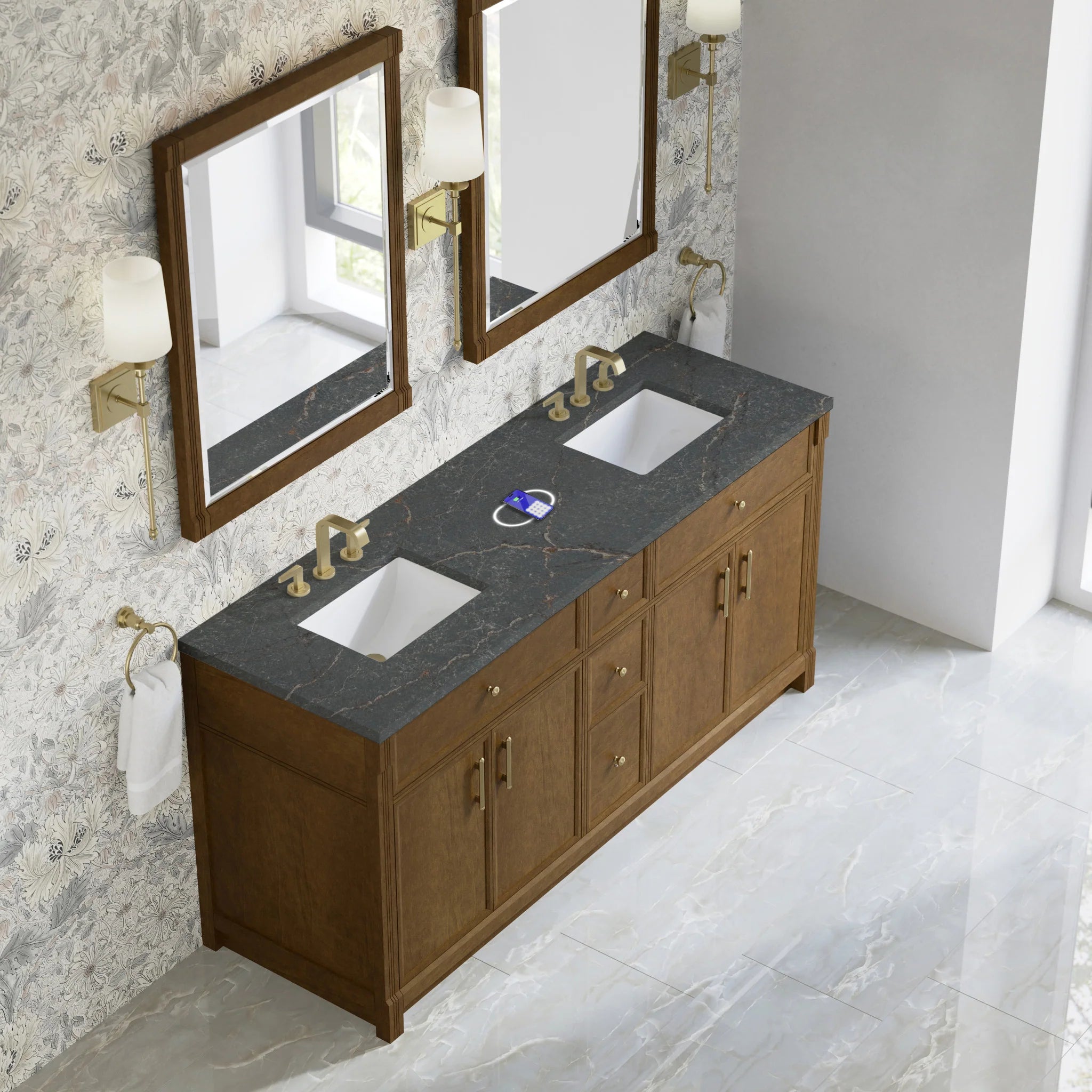 72" Bellshire Double Vanity in Honey Oak w/FreePower Wireless Charger by James Martin Vanities-Parisien Bleu Silestone 5